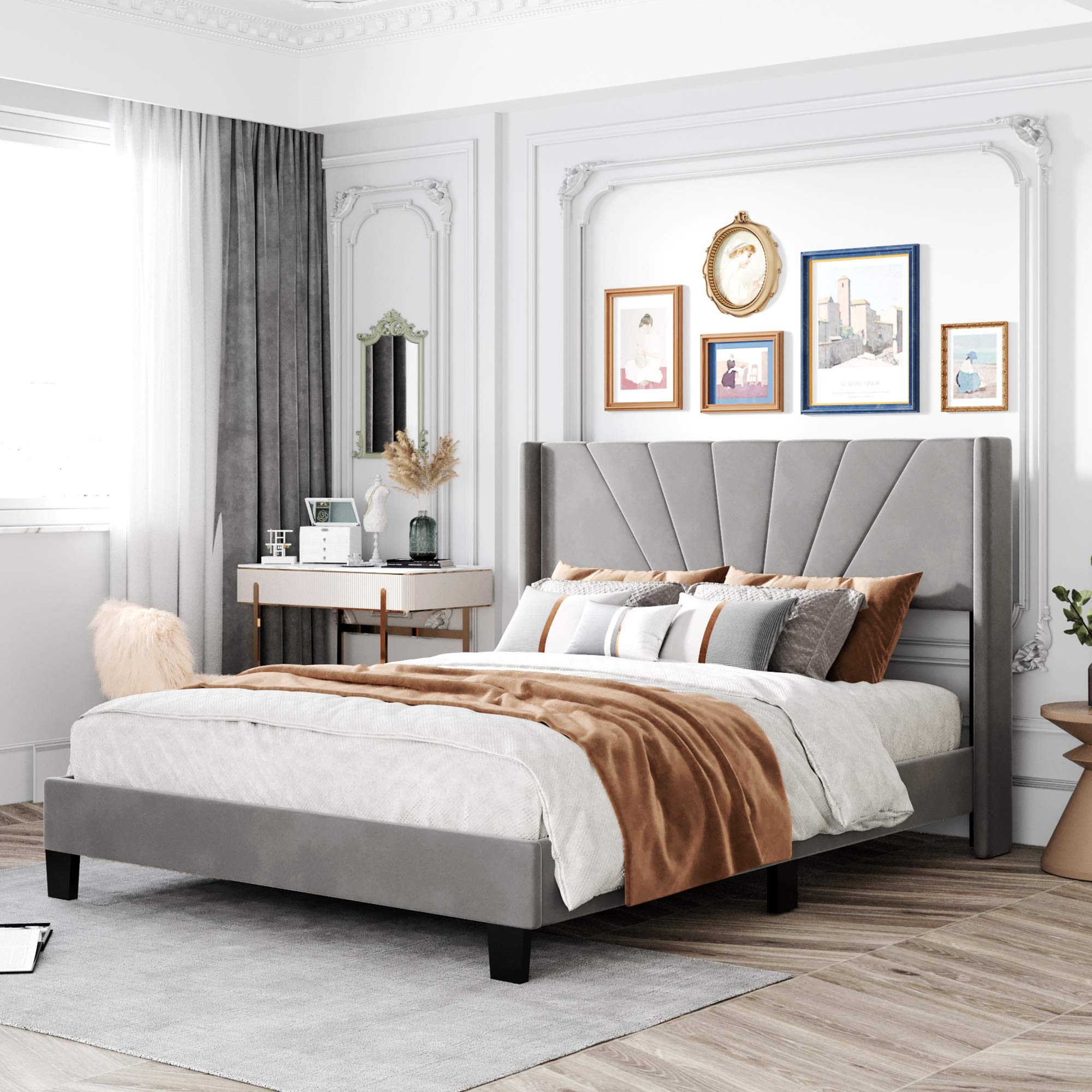 Kteam Queen Size Platform Bed Frame with Velvet Upholstered Square Headboard - Retro Modern Bedroom Furniture (Grey) | Perfect for Small Spaces & Contemporary Home Decor