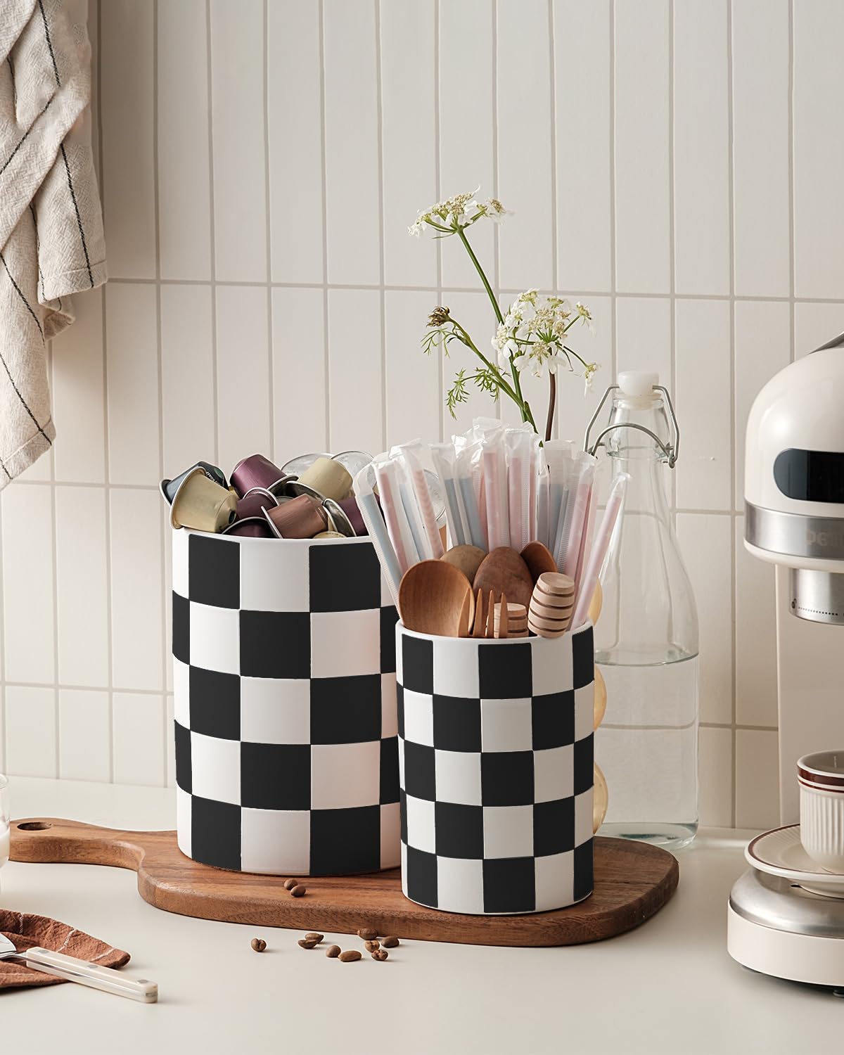 Black Checkered Ceramic Utensil Holder - 7.1