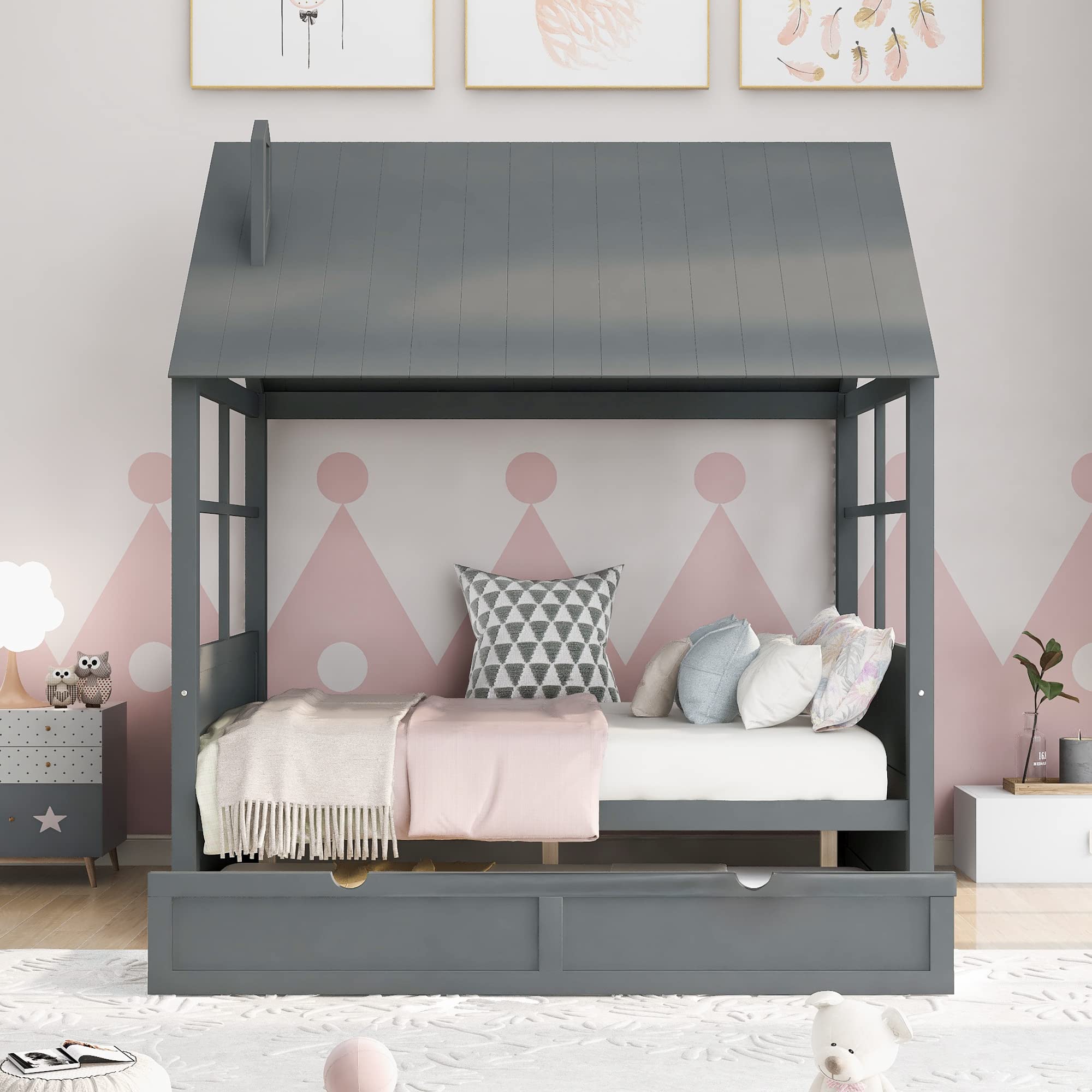 SOFTSEA Full Size House Daybed with Trundle - Sturdy Platform Bed Frame, No Box Spring Required - Perfect for Guest Rooms, Kids' Rooms & Small Spaces