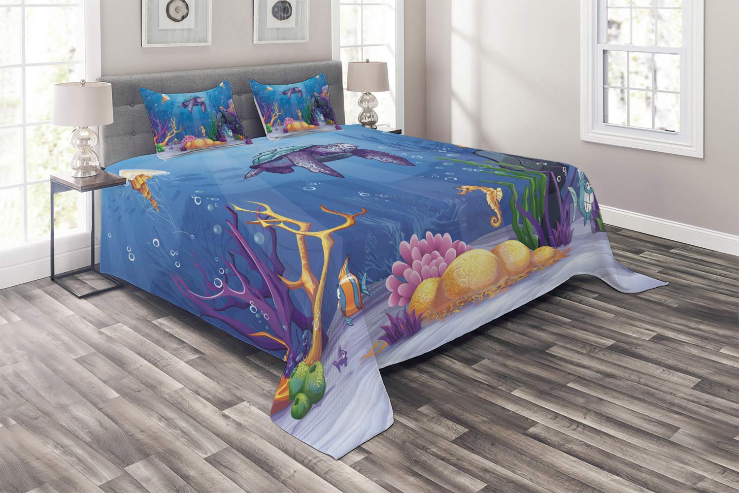 Ambesonne 3-Piece Turtle Themed Quilt Set King Size - Underwater World Cartoon Style Bedspread with 2 Pillow Shams, Purple Orange Aqua Marine Animal Print - Perfect for Kids' Rooms, Beach House Decor & Ocean-Themed Bedrooms