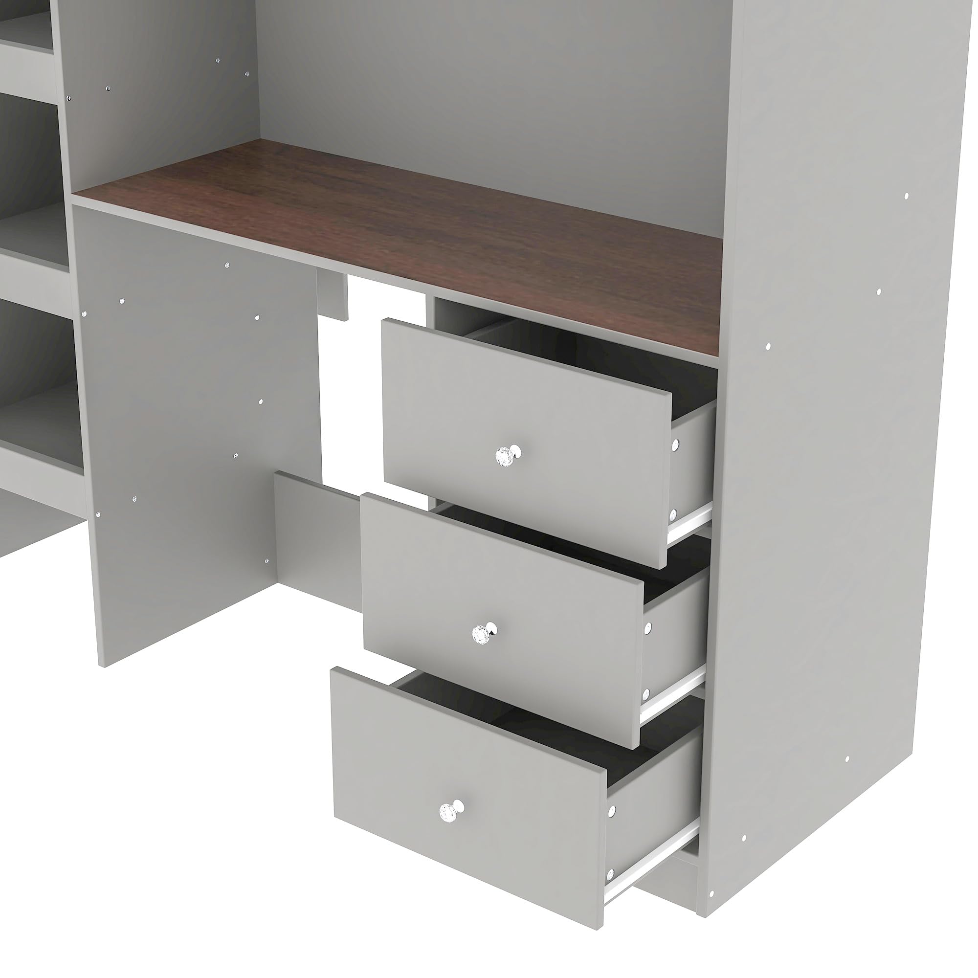 Full Size Loft Bed with Built-in Wardrobe & Desk - Sturdy Wooden Bed Frame with Storage Shelves & Drawers - Space Saving Kids Bedroom Furniture for Boys, Girls & Teens - Easy Assembly - Grey - Perfect for Small Rooms, Dormitories & Shared Spaces