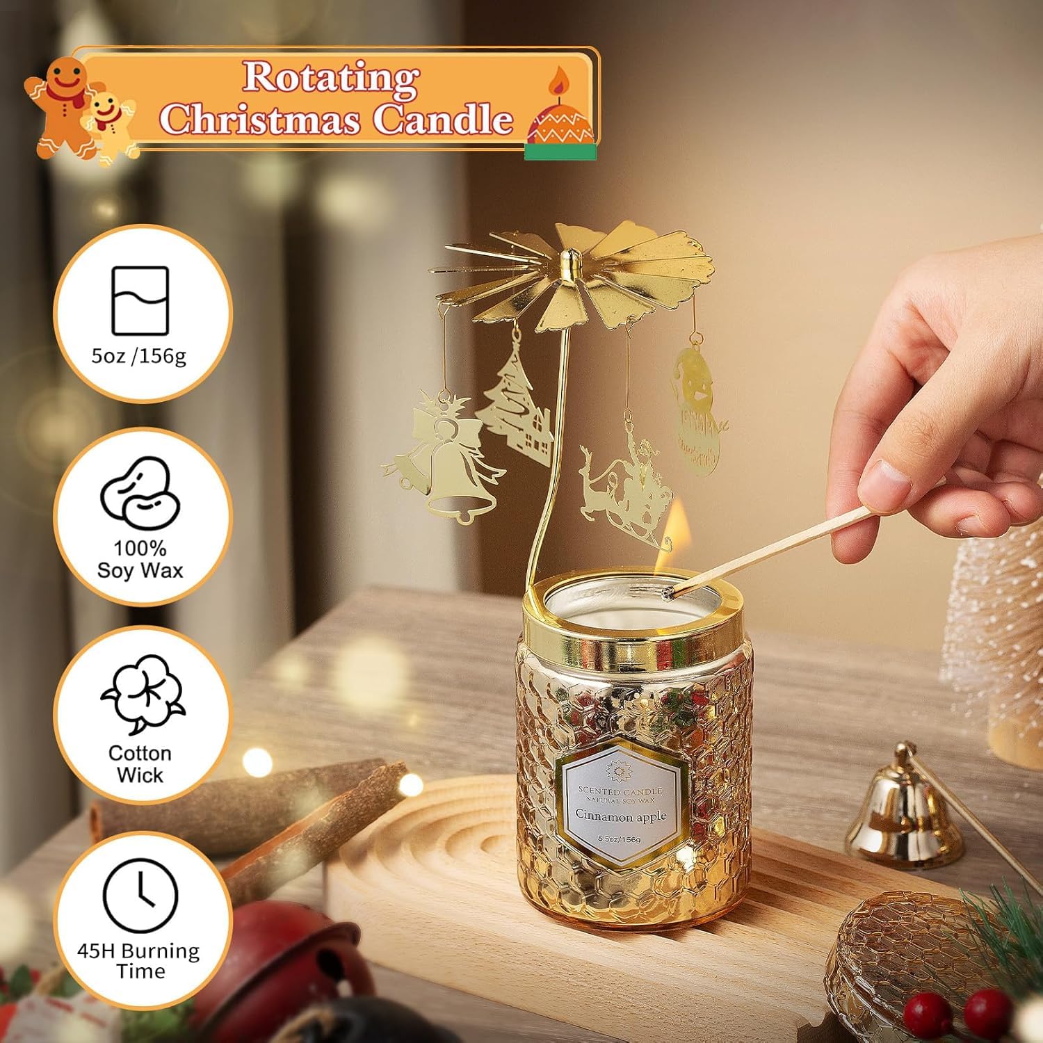 Rotating Cinnamon Apple Scented Candles - Christmas Gifts for Women, Mom, Sister, Wife - Perfect for Holiday Decor, Anniversary & Thanksgiving Celebrations - Home Fragrance & Relaxation