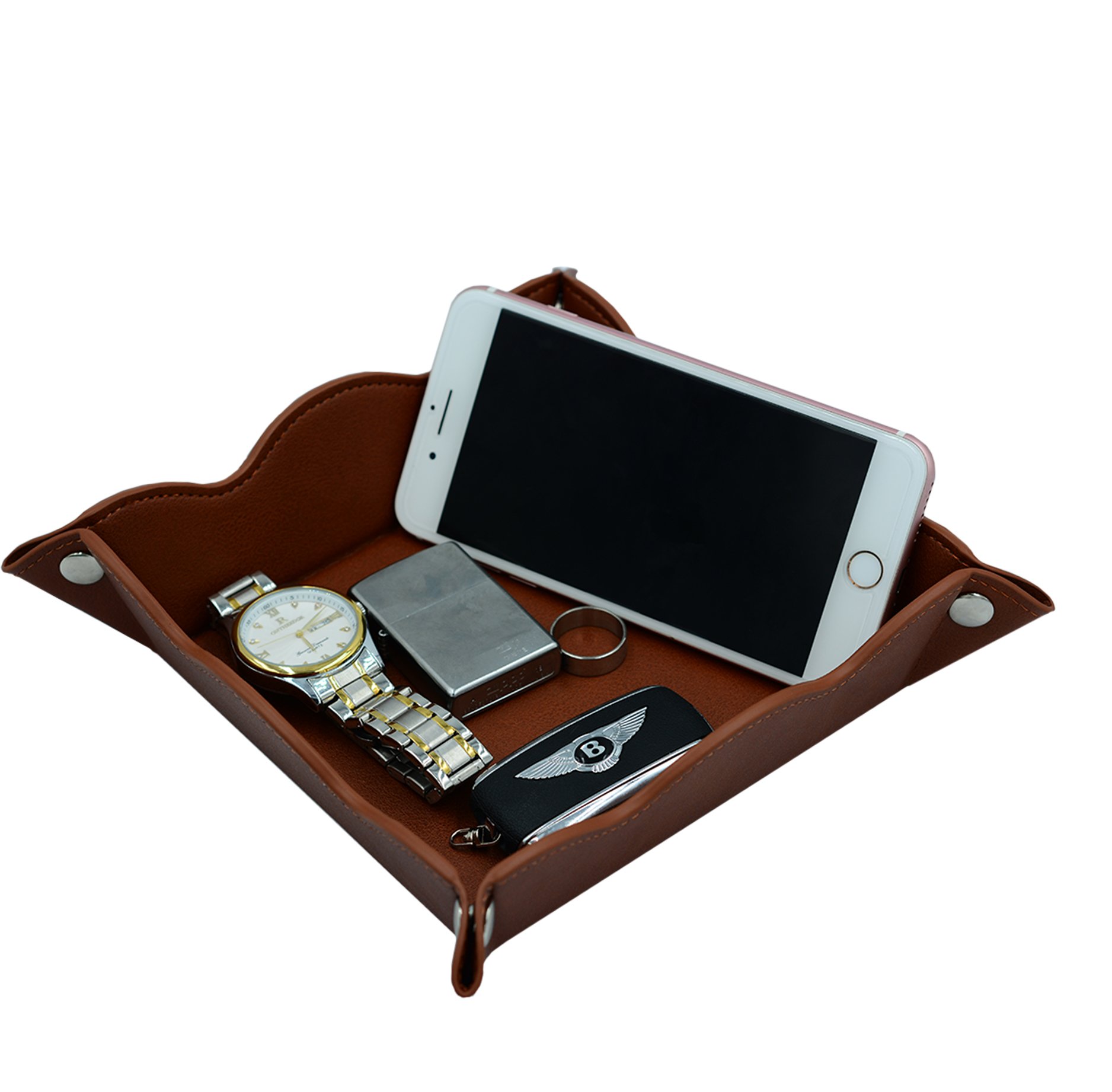 Leather Travel Jewelry Organizer Tray for Men - Portable Collapsible Valet Tray with Phone & Wallet Storage - Dark Brown - Perfect for Home, Office & Travel Accessories Organization