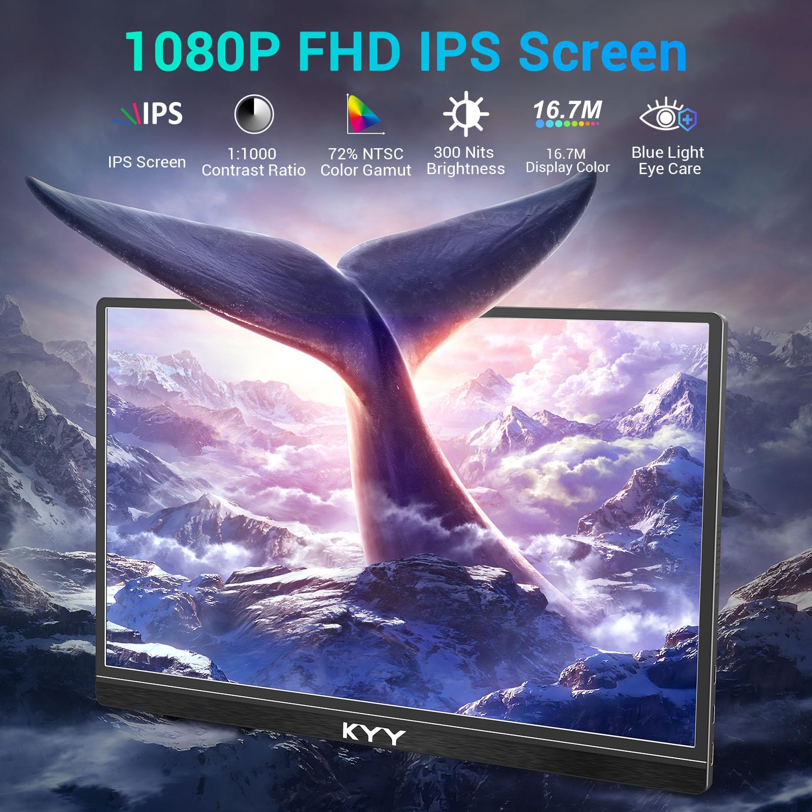 KYY 15.6 Inch Portable Monitor - Full HD 1080P IPS Display, Ultra Slim USB C HDMI External Screen with Smart Cover & Built-in Speakers, Plug & Play for Laptop, PC, Mac, Phone, Gaming Console - Perfect for Work, Travel & Gaming Entertainment