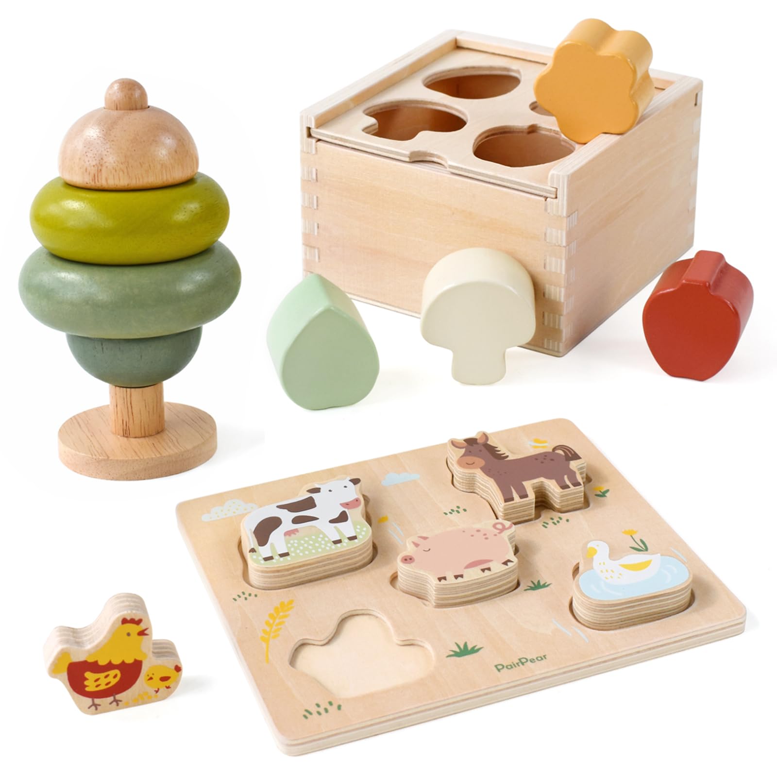 PairPear 3-in-1 Wooden Educational Toys Set - Shape Sorter Cubes, Stacking Blocks & Animal Puzzles - Montessori Learning Toys for Toddlers 1+ Years - Perfect Gift for Birthday & Early Childhood Development (Playroom, Preschool, Daycare)