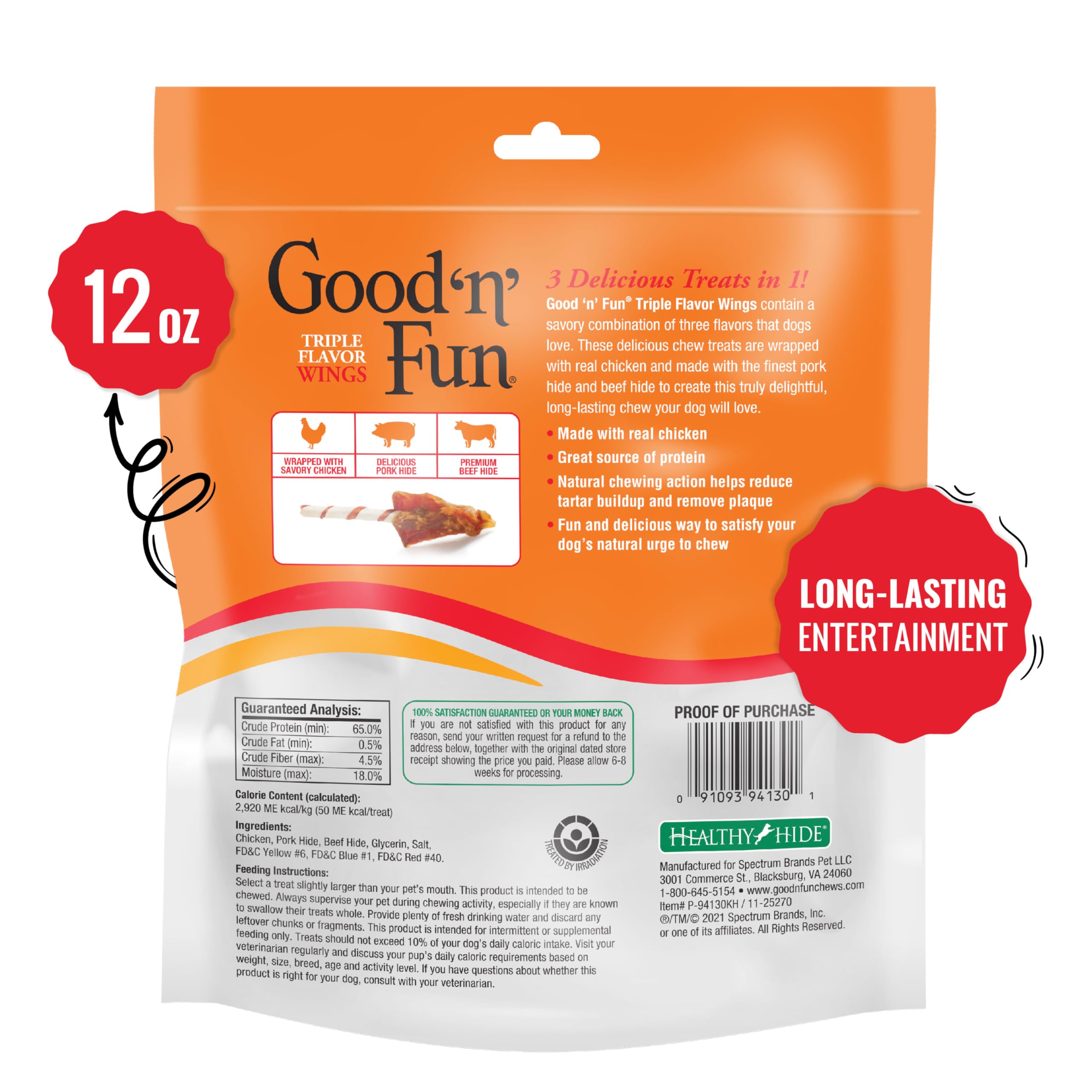 Good ‘n’ Fun Triple Flavor Dog Chews - Chicken, Pork Hide & Beef Hide Long-Lasting Treats for All Dogs (12oz) - Perfect for Training Rewards, Dental Health & Playtime