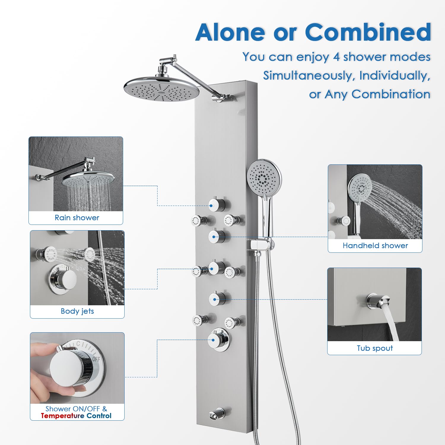 ROVOGO 4-in-1 Shower Panel Tower System with Rain Shower, Handheld Spray, Body Jets & Tub Spout - Adjustable 304 Stainless Steel Shower Column with Brushed Finish - Perfect for Luxury Bathroom Renovation & Spa Experience
