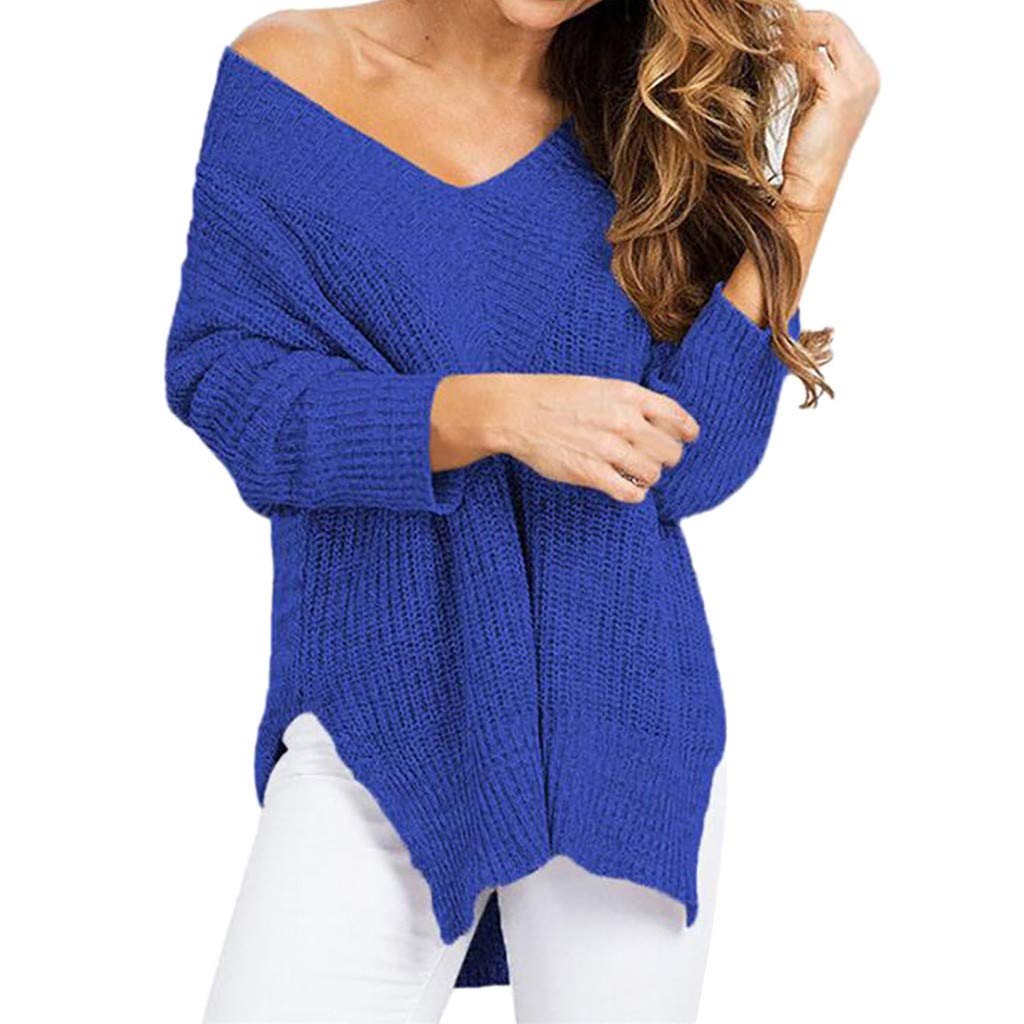 WOCACHI Women's Off Shoulder V-Neck Pullover Sweater - Solid Color Waffle Knit Long Sleeve Loose Jumper Top for Casual Outfits & Fall Fashion