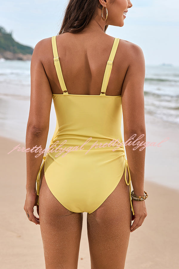 Solid Color Drawstring Waist Mesh One Piece Swimsuit for Women - Comfortable Bathing Suit for Beach, Pool & Summer Vacation