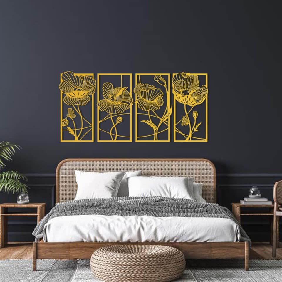 4 Piece Boho Flower Metal Wall Art Set - Modern Floral Decor for Living Room & Kitchen - 59.1