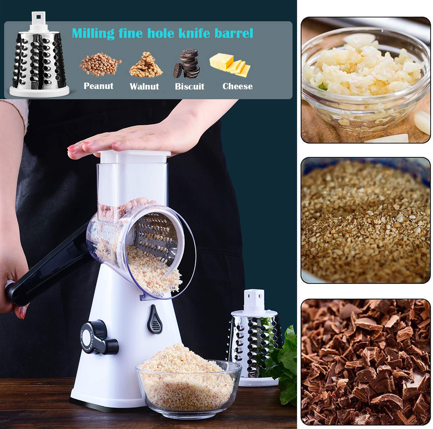 3-in-1 Rotary Cheese Grater & Vegetable Slicer Set with Interchangeable Blades - Stainless Steel Mandoline Slicer for Cheese, Nuts, Vegetables - Includes Free Peeler (White) - Perfect for Kitchen, Salad Prep & Party Platters