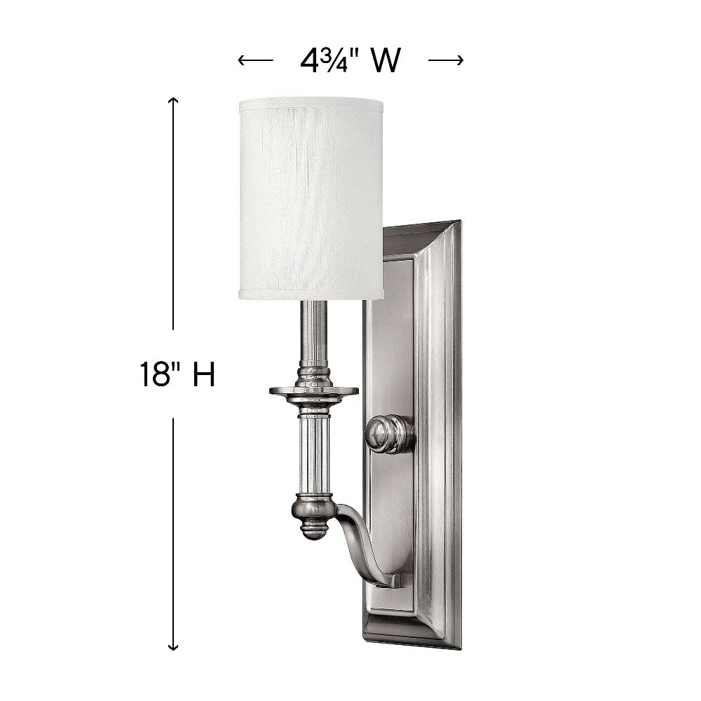 18 Inch Traditional Metal Wall Sconce with White Fabric Shade - Brushed Nickel Finish - 4.75 Inches Wide - Classic Interior Lighting for Bedroom, Hallway & Living Room
