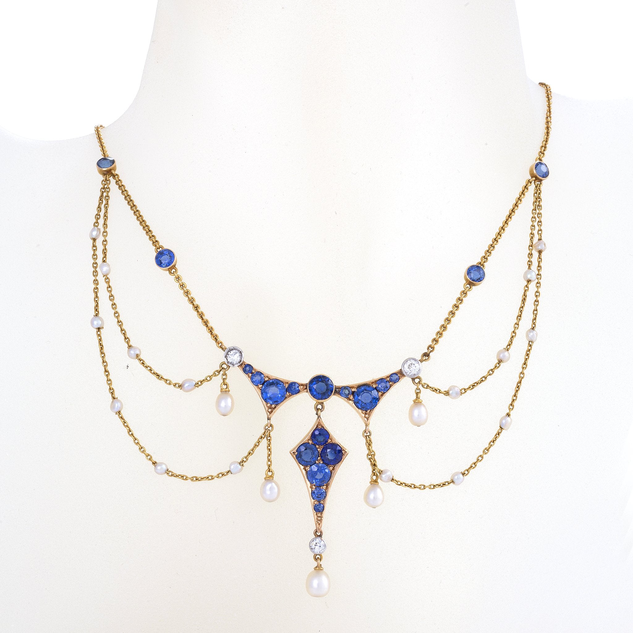 Montana Sapphire, Seed Pearl & Diamond Garland Necklace – Elegant Jewelry for Weddings, Parties & Special Occasions