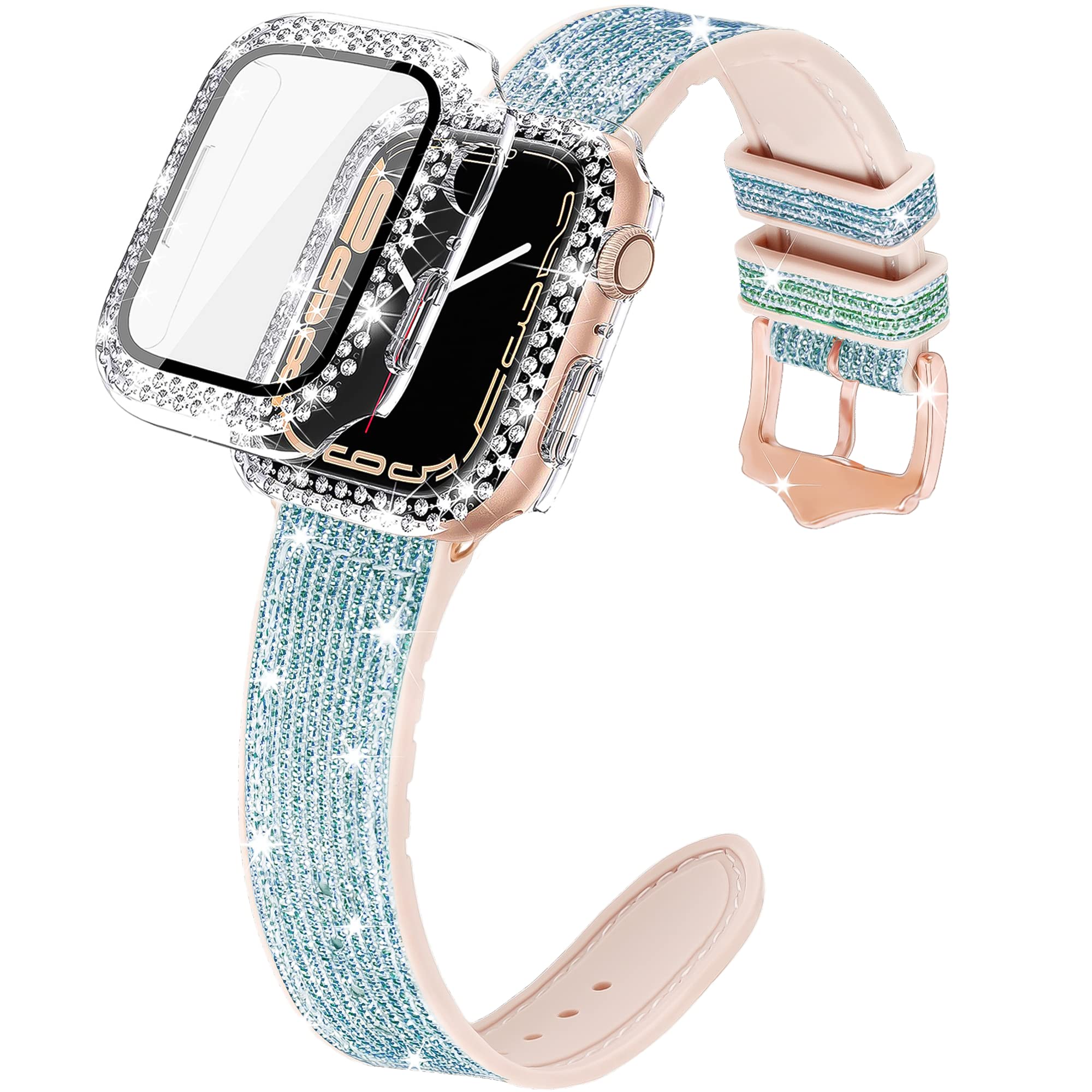 Sparkle Silicone Apple Watch Band 40mm 44mm 41mm 45mm Compatible with iWatch Series 9/8/7/6/SE/5/4 - Glitter Leather Strap for Women, Elegant Sporty Soft Bracelet for Workout, Office & Daily Wear