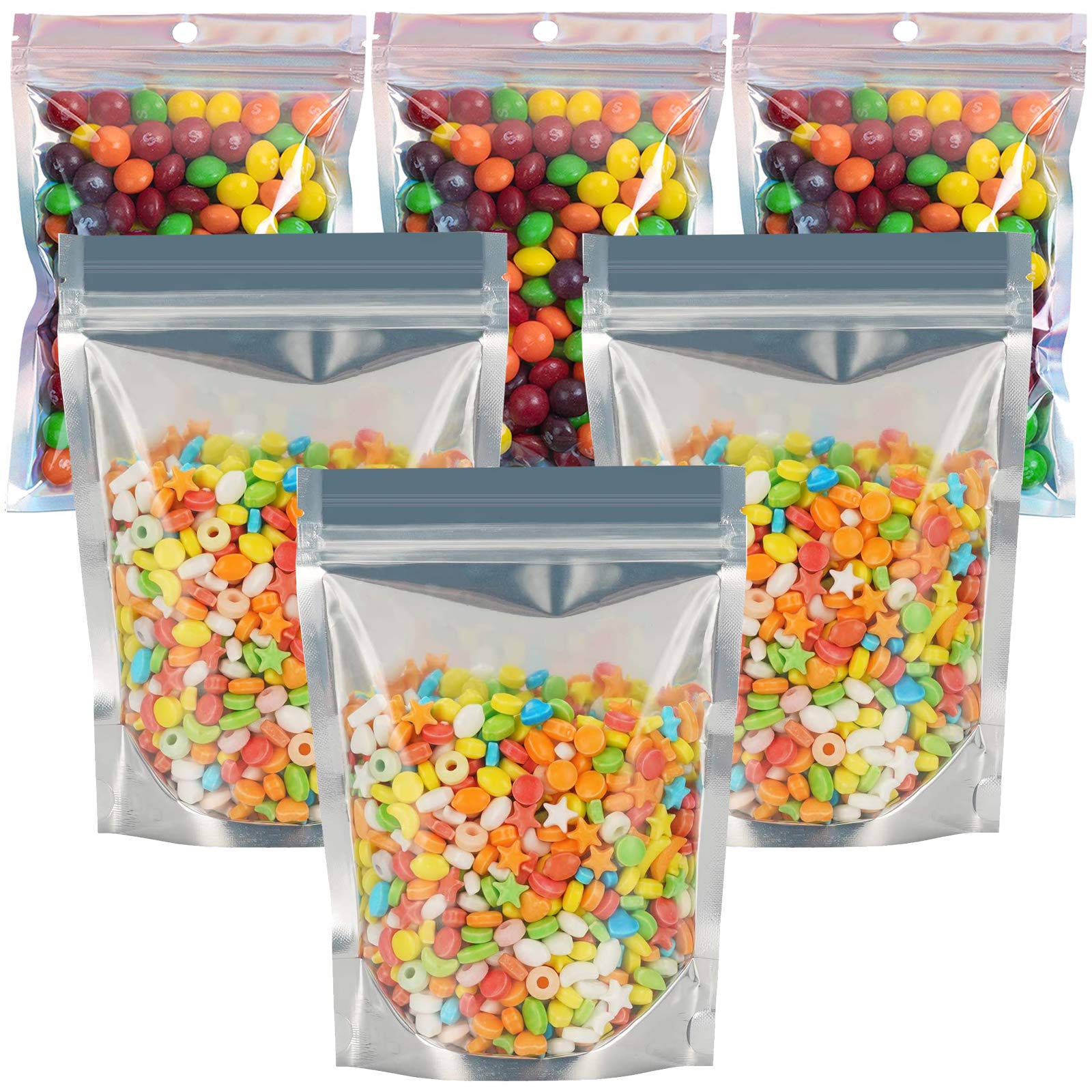 90 Pack 9 Sizes 7mil Mylar Bags for Food Storage | Resealable Ziplock Stand Up Pouch with Clear Front & Aluminum Foil Back | Gusset Bottom Multipurpose Use for Coffee, Nuts, Snacks & Long-Term Food Preservation