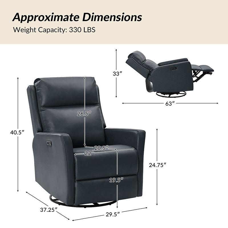Paula Transitional Power Recliner with USB Charging Ports - Modern Electric Reclining Chair with Lumbar Support for Living Room, Home Theater & Office - Comfortable Leather Lounge Chair with Power Headrest & Cup Holder