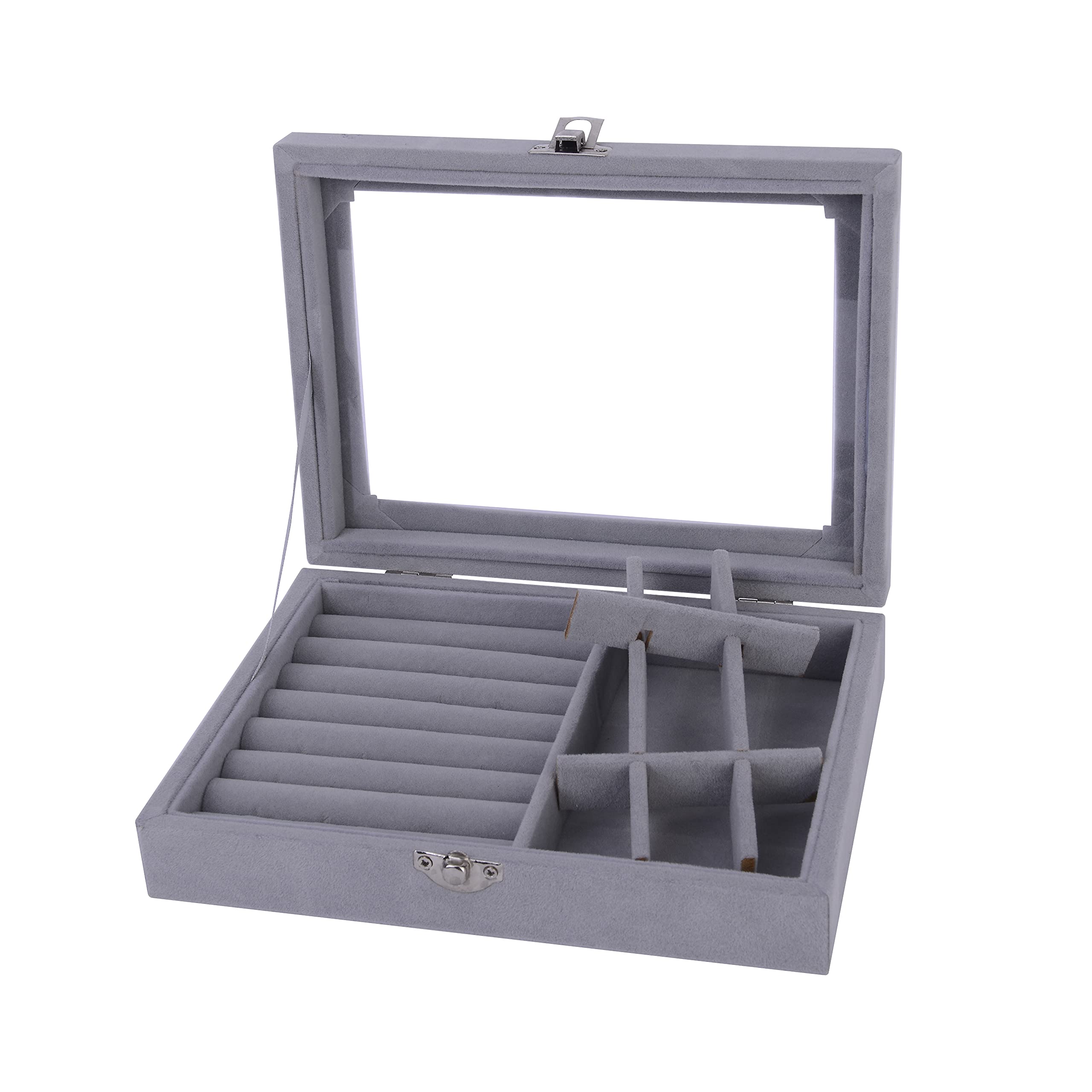 Elegant Jewelry Box for Women & Girls - Glass Top Ring Earring Necklace Bracelet Watch Storage Case - Perfect for Gifts, Travel & Home Organization (Grey)