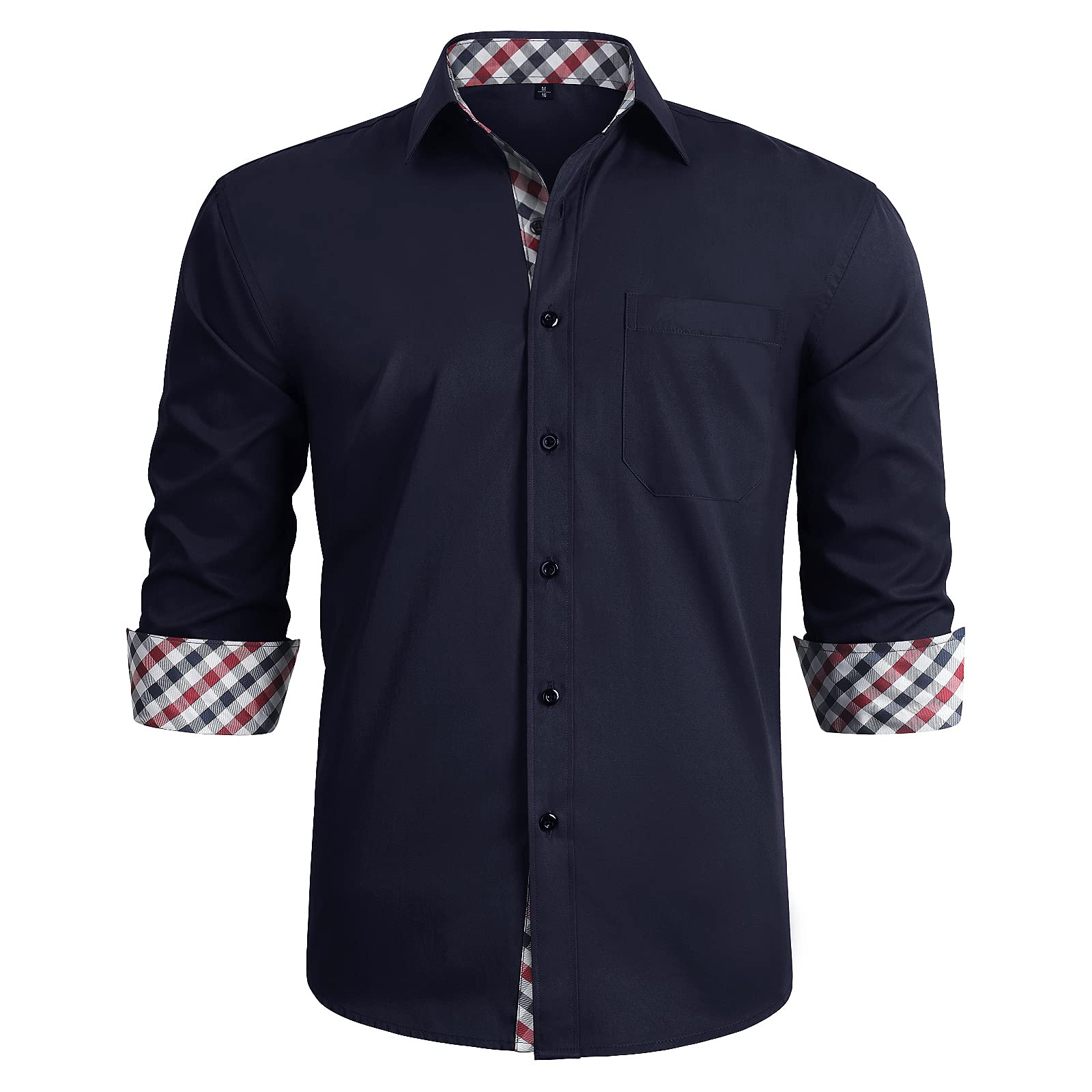 HISDERN Men's Contrast Collar Casual & Formal Button Down Dress Shirt - Long Sleeve Printed Business Shirt for Office, Party & Daily Wear