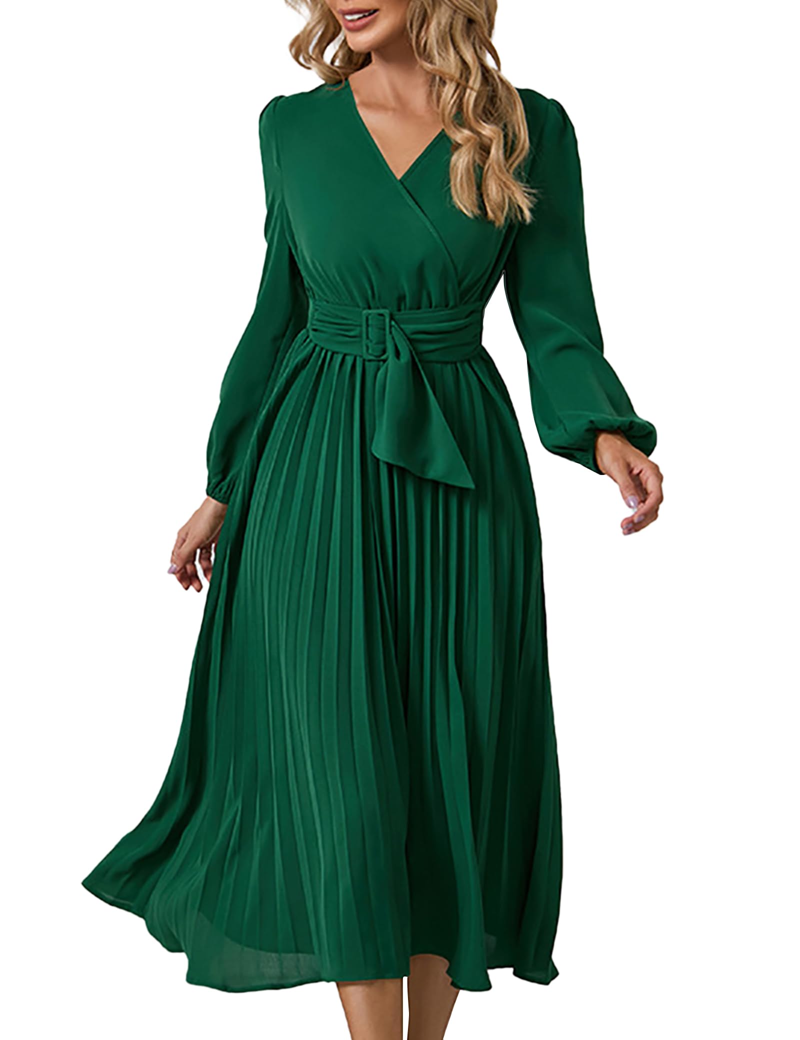 SDEER Women's Casual Midi Dress - V Neck Long Sleeve Pleated High Waist Wedding Guest Dress for Women | Perfect for Weddings, Parties & Office Wear