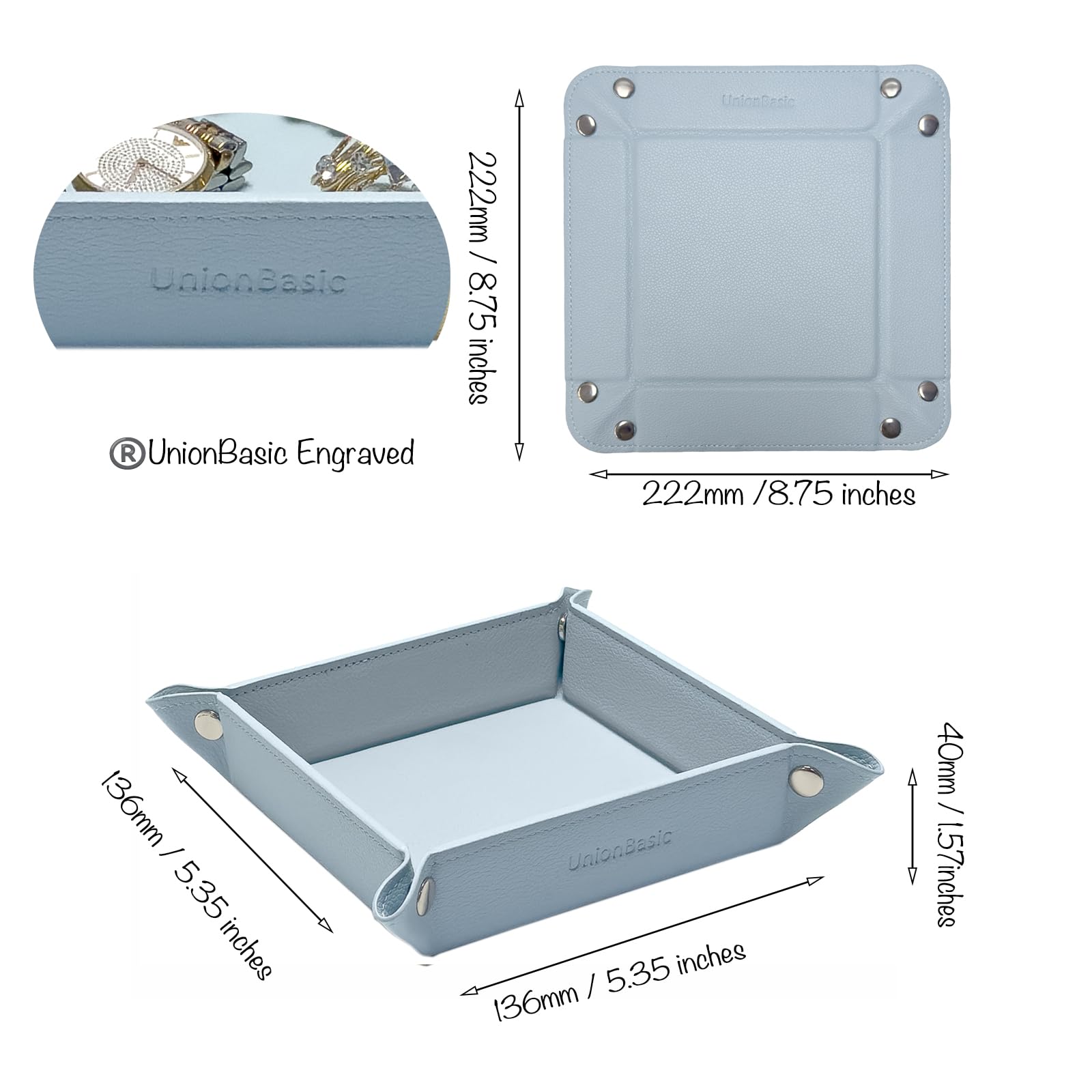 UnionBasic Jewelry Tray for Rings & Watches - Nightstand Organizer for Keys & Coins - Lychee Blue