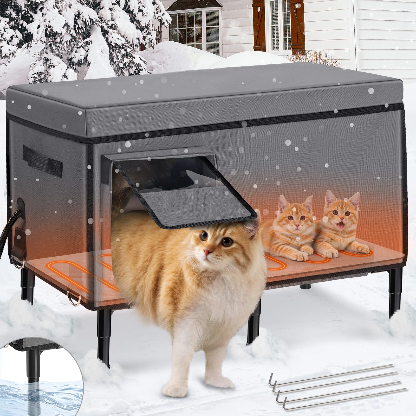 Heated Outdoor Cat House for Winter - Waterproof Insulated Shelter with Heating Pad, 5.1