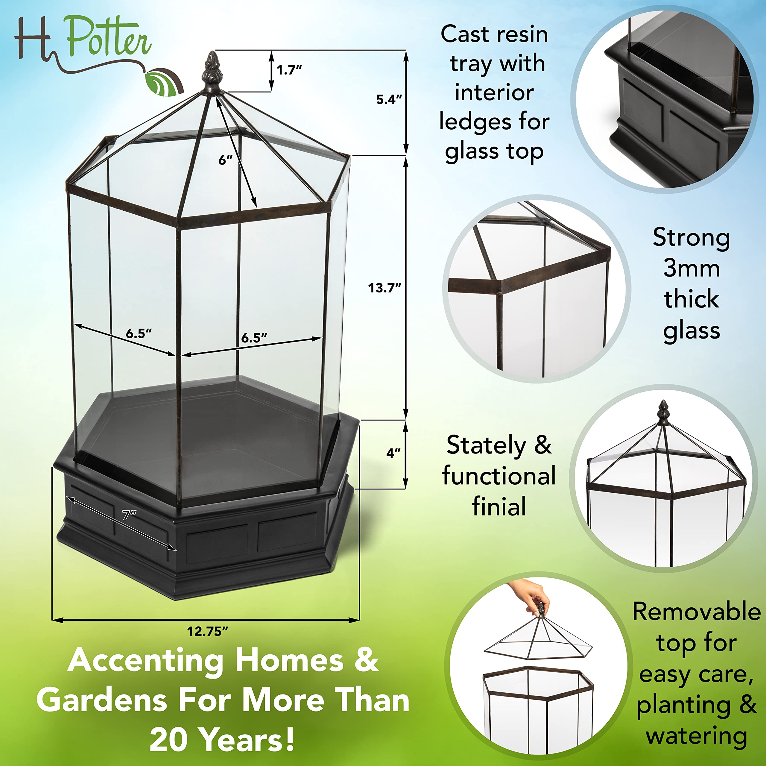 H Potter Large 6-Sided Glass Terrarium Wardian Case - Perfect for Indoor Plants, Succulents & Home Decor