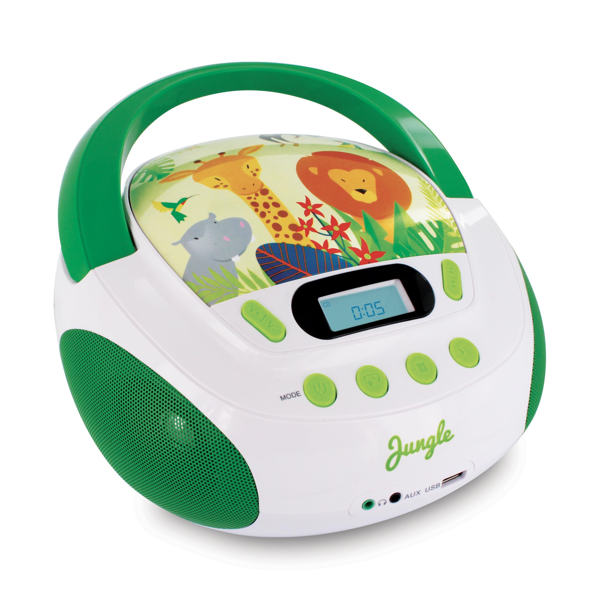 MOOOV Jungle Kids CD Player with USB & AUX-in Port - Green & White (Model 477144) - Perfect for Bedroom, Playroom & Travel Entertainment