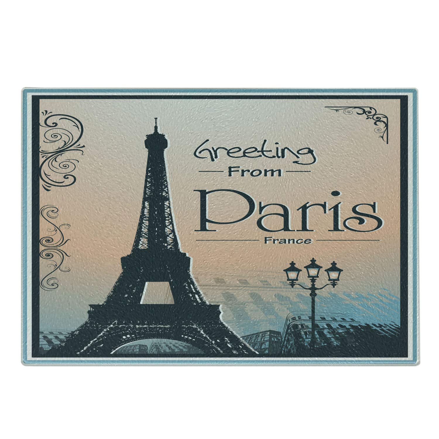 Ambesonne Paris Themed Cutting Board - Eiffel Tower Design, Tempered Glass Serving Board for Kitchen, Small Size (Peach, Dark Slate Blue, Deep Sky Blue & White) - Perfect for French Decor, Gift Giving & Charcuterie Presentation