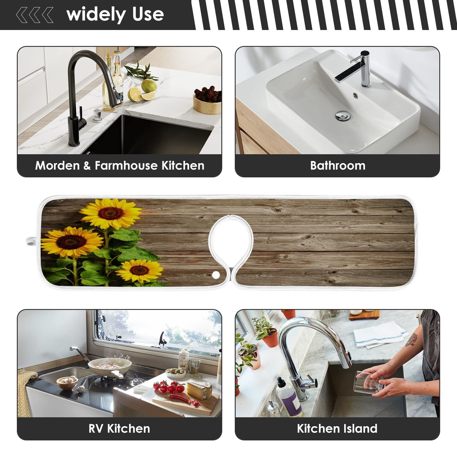 2 Pack Summer Sunflower Faucet Splash Guard Mats - Quick Drying Wooden Handle Drip Catcher for Kitchen & Bathroom (14.9x5.5 Inch) - Perfect for Protecting Countertops from Water Spills