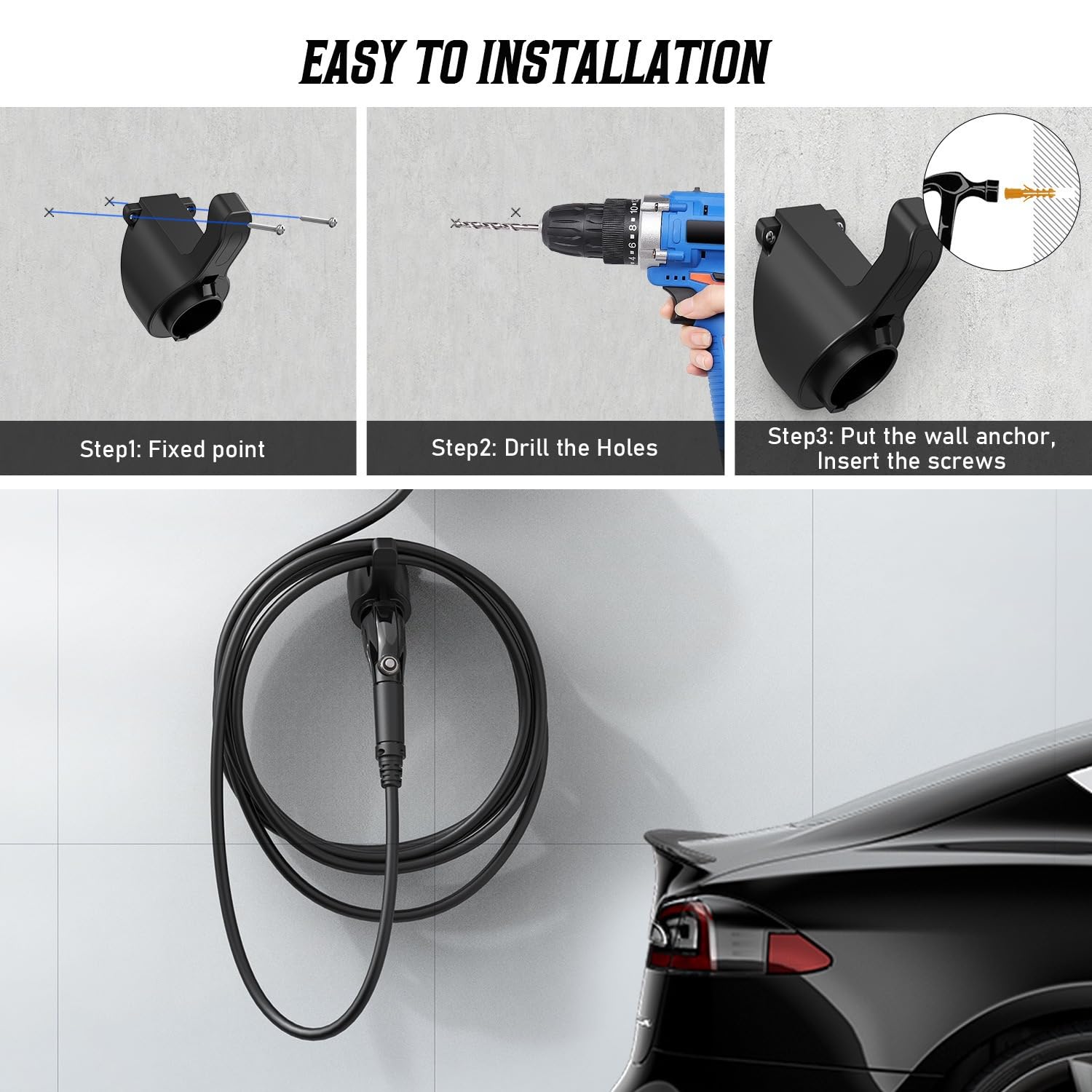 Type 1 & SAE J1772 EV Charger Holder Wall Mount - Cable Organizer & Holster Dock for Electric Vehicle Charging Equipment | Perfect for Home Garage & Public Charging Stations
