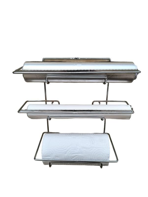 3-in-1 Wall Mount Paper Towel Holder & Plastic Wrap Dispenser - Chrome Finish | Space Saving Kitchen Organizer for Foil, Parchment & Wax Paper Rolls