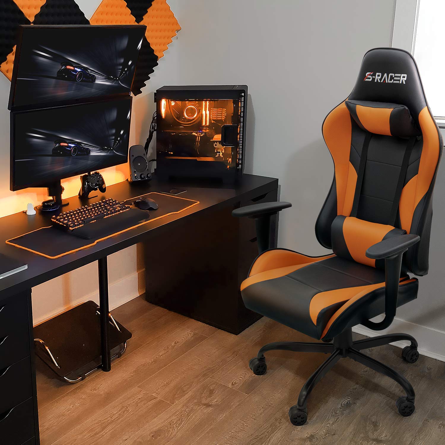 Homall Gaming Office Chair - High Back Ergonomic Computer Desk Chair with Adjustable Height, PU Leather, Headrest & Swivel for Adults (Orange) - Perfect for Gaming, Work & Home Office Use