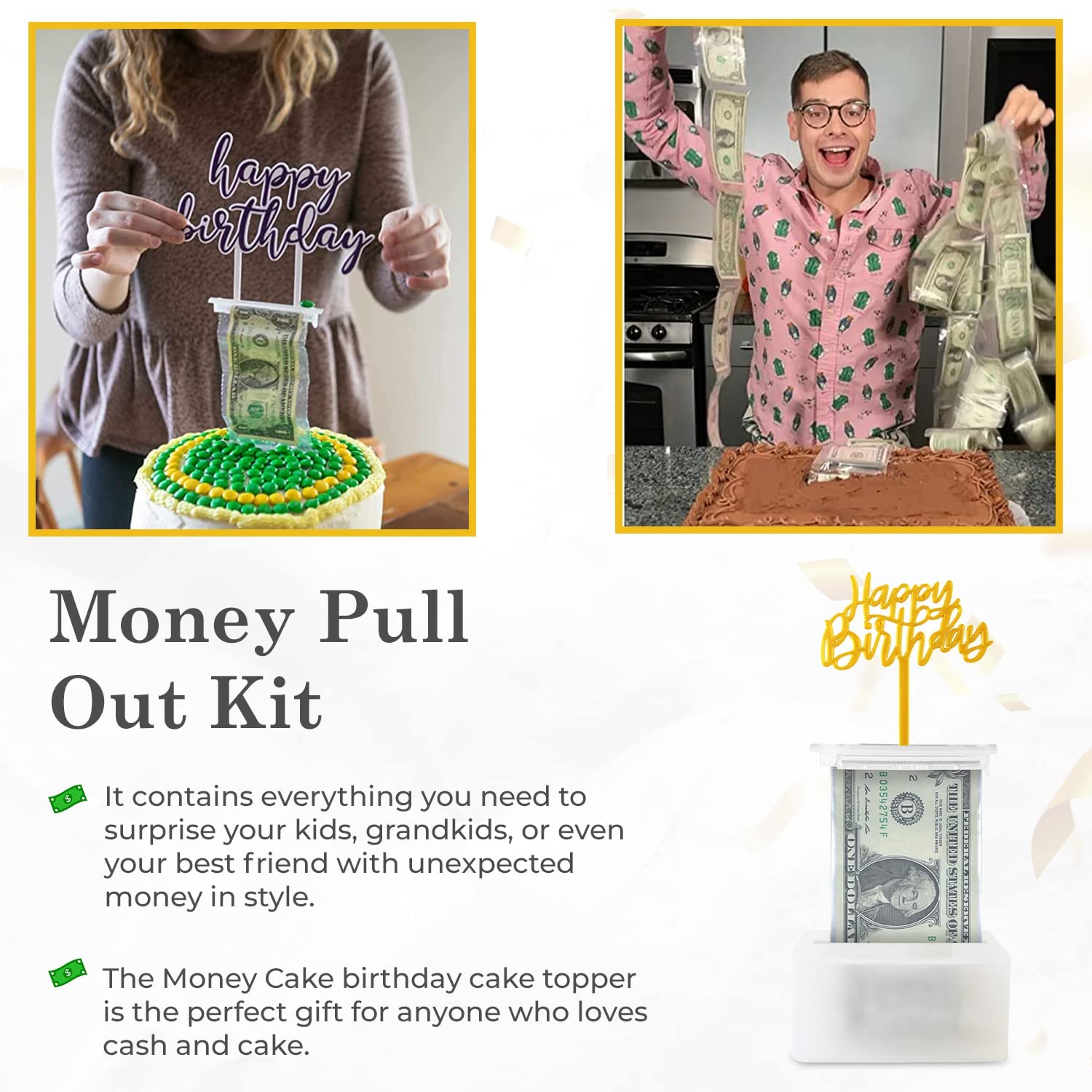 Money Cake Pull Out Kit - Includes 1 Money Box, 2 Plastic Rolls, 40 Transparent Bags & 2 Surprise Cake Toppers for Birthday & Graduation Parties - Perfect for Cash Gifts at Celebrations, Baby Showers, and Special Events