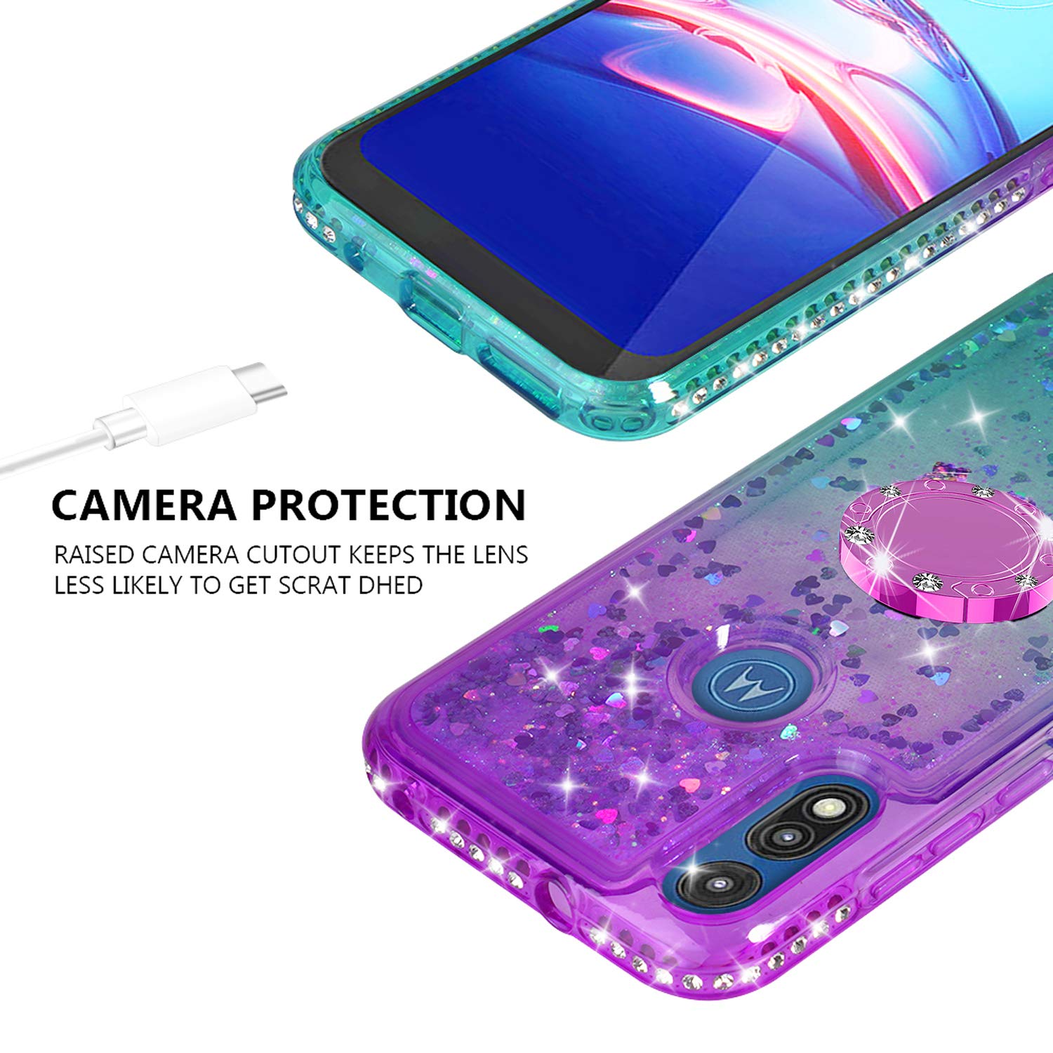 SOGA Rhinestone Liquid Quicksand Phone Case for Motorola Moto E7 - Sparkly Glitter Cover with Magnetic Ring Holder for Car Mount & Lanyard, Purple Teal Gradient - Perfect for Girls, Women, Daily Use & Gift Giving
