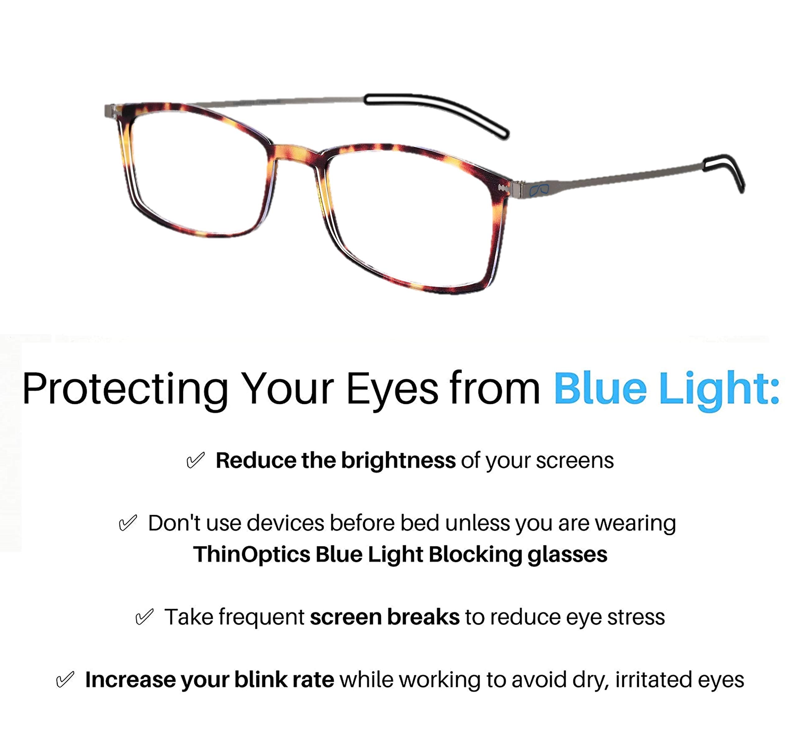 ThinOptics Frontpage Blue Light Blocking Computer Reading Glasses with Milano Aluminum Case - Reduce Eye Strain for Work, Gaming & Digital Screen Use