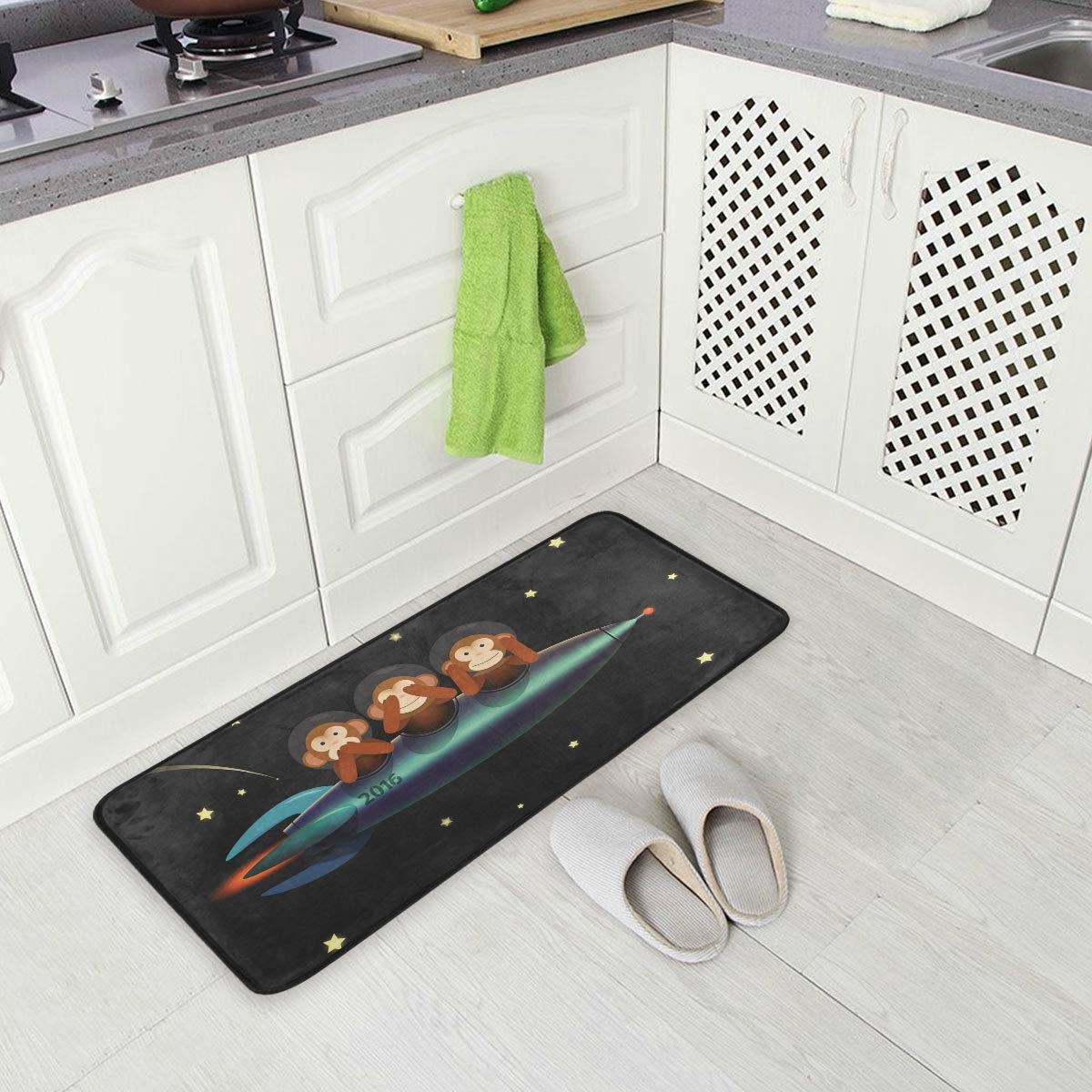 Non-Slip Kitchen Rugs with Spaceship & Monkey Design - Soft Bath Mat Runner, 39