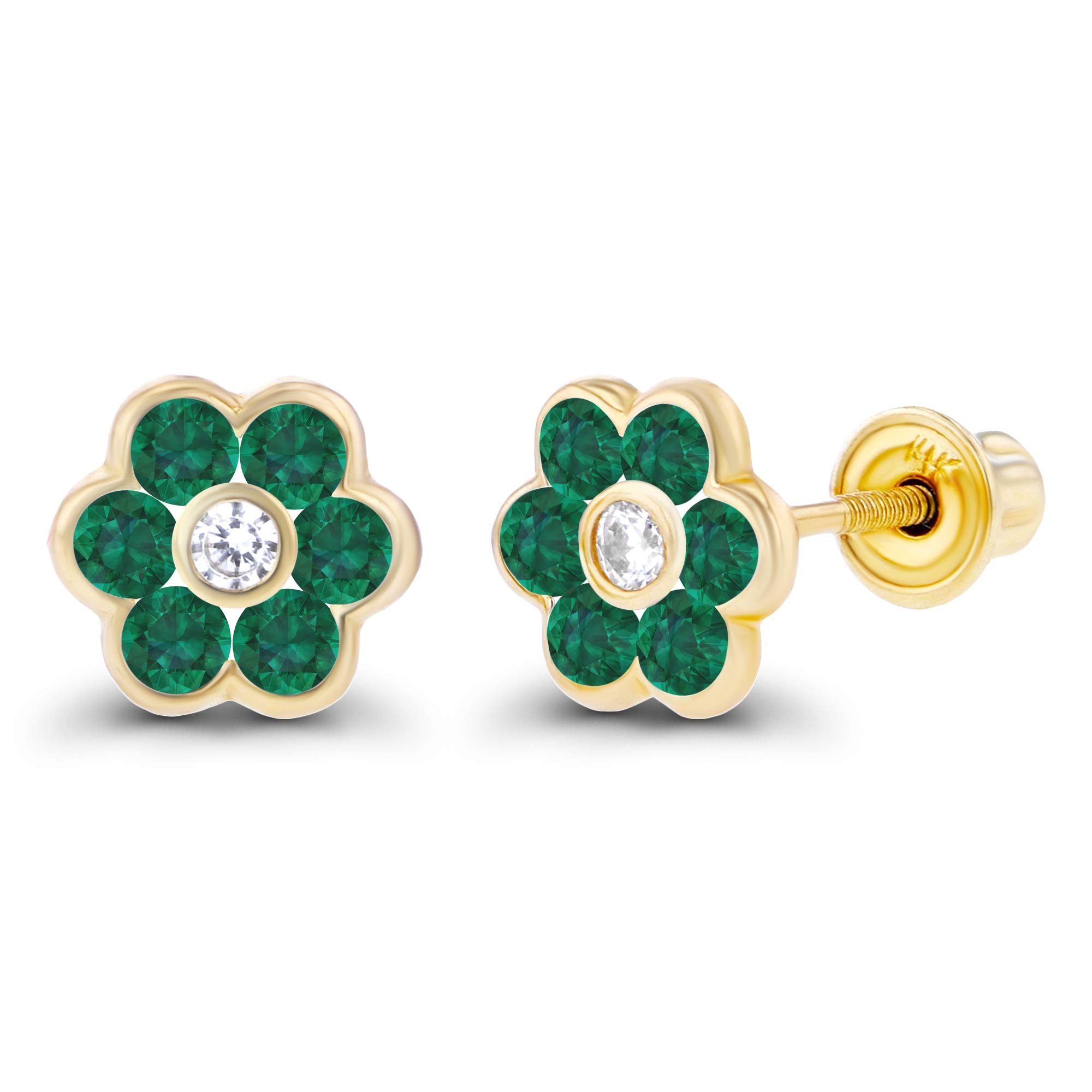 14K Solid Gold 6mm Natural Birthstone Screwback Stud Earrings for Women | 1.75mm Birthstone & 1.25mm White Sapphire Halo Earrings | Perfect for Everyday Wear, Gifts, and Special Occasions