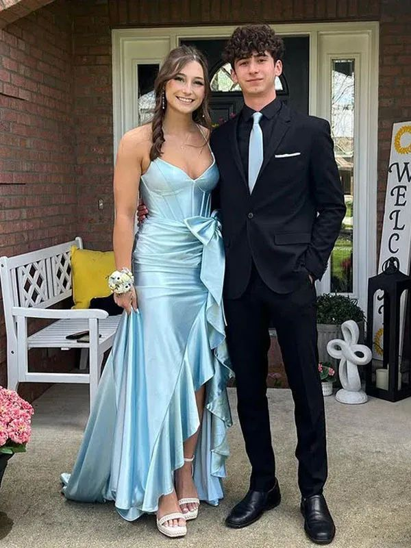 Elegant Light Blue Ruffle Prom Dress with High Slit - Formal Evening Gown for Homecoming, Party & Special Occasions | Style J5742