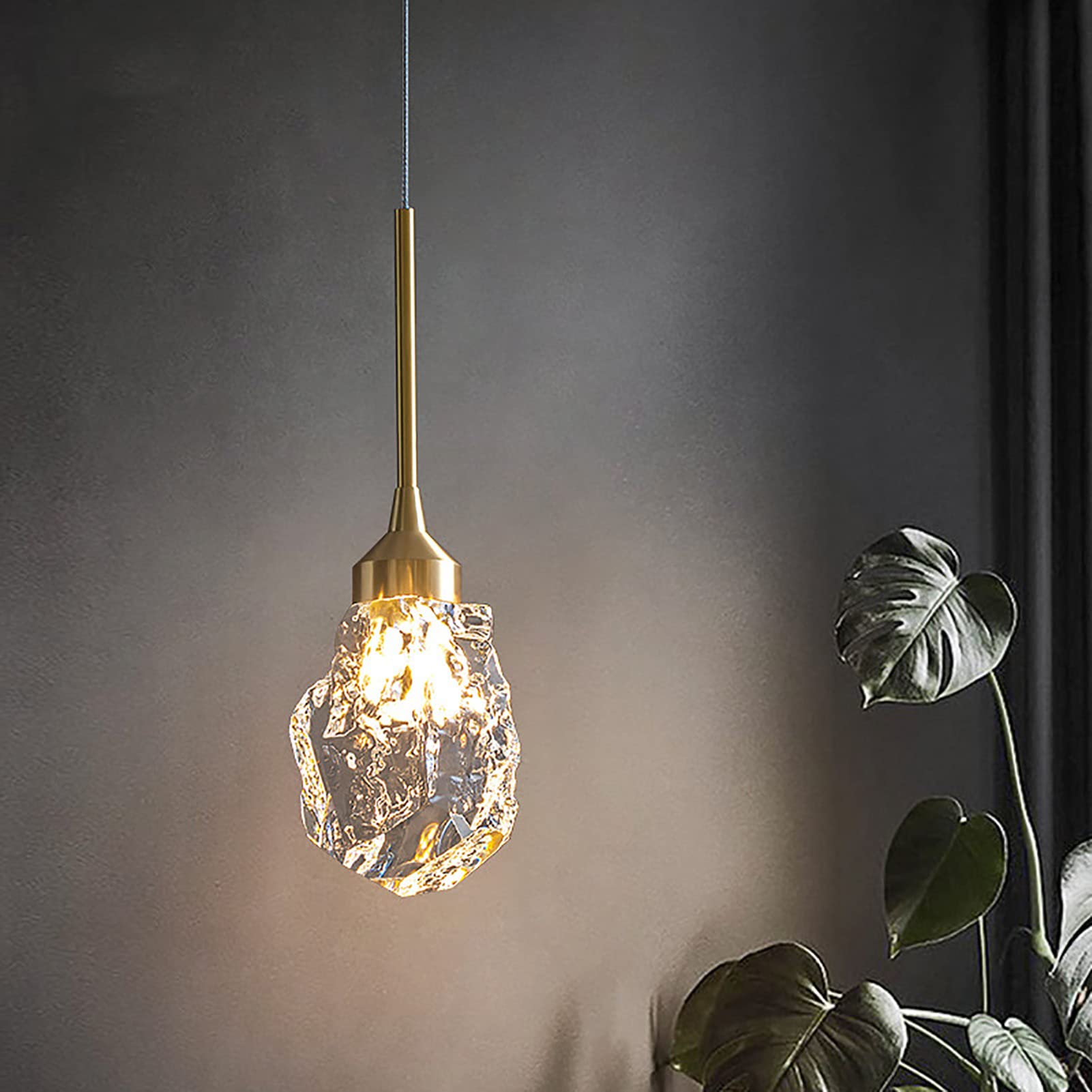 Crystal LED Pendant Light - Adjustable 3-Color Hanging Lamp with Rock Ice Design, 10x27.5cm Clear Glass Fixture for Kitchen Island, Dining Room, Bedroom & Porch Lighting | Modern Home Decor & Commercial Spaces