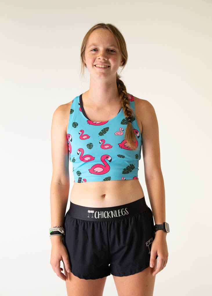 Stylish Blue Flamingo PWR Crop Top for Women - Trendy Summer Workout & Yoga Tank Top