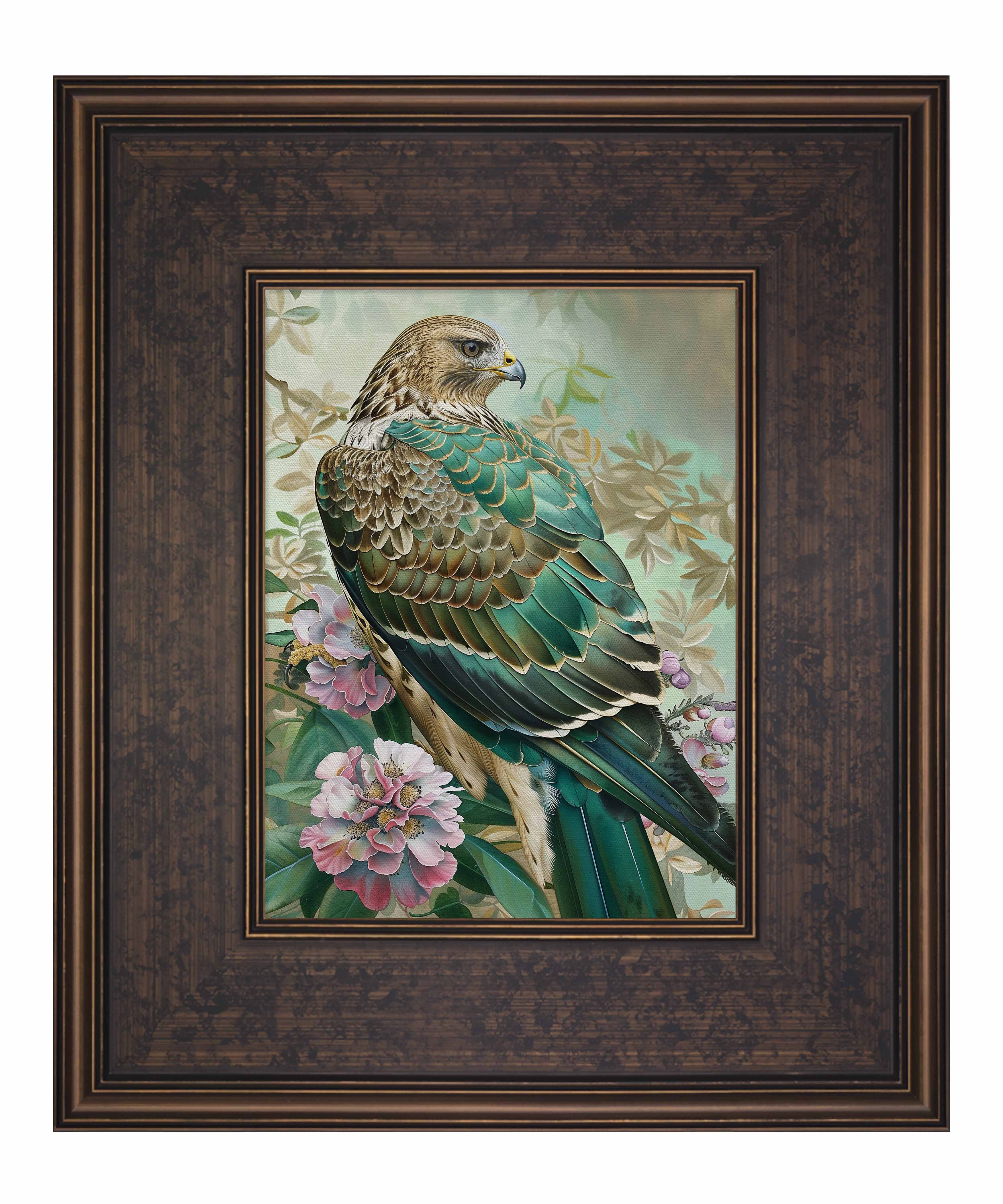 Emerald Majesty Hawk Amidst Blossoms Limited Edition Canvas Wall Art - Nature Inspired Home Decor for Living Room, Bedroom & Office