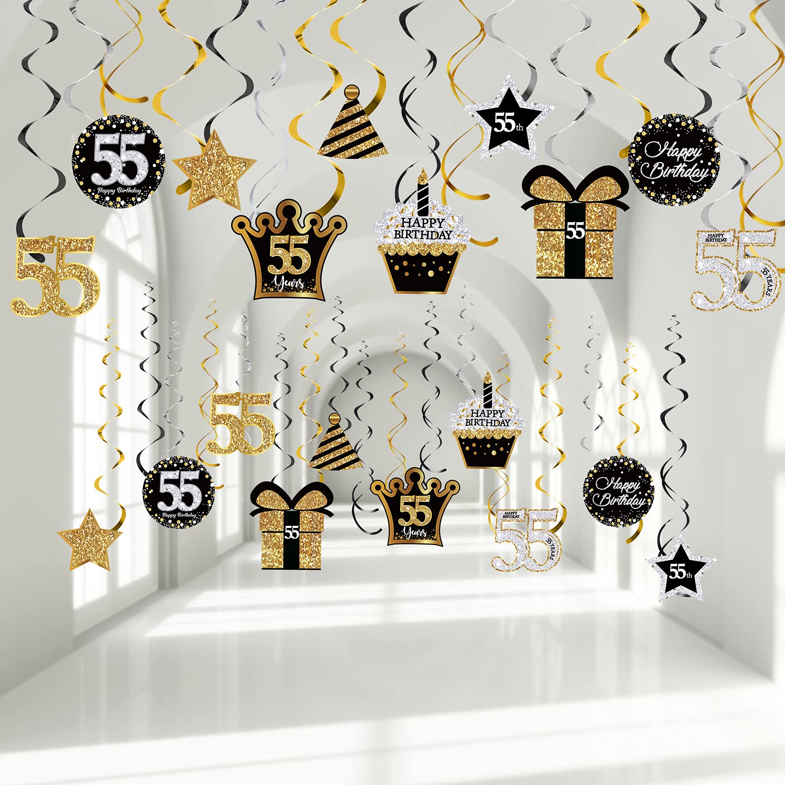 55th Birthday Party Decorations - Hanging Swirls, Foil Ceiling Decor & Cutouts for 55 Years Old Celebration - Perfect for Milestone Birthday Parties, Anniversary Events & Special Occasions