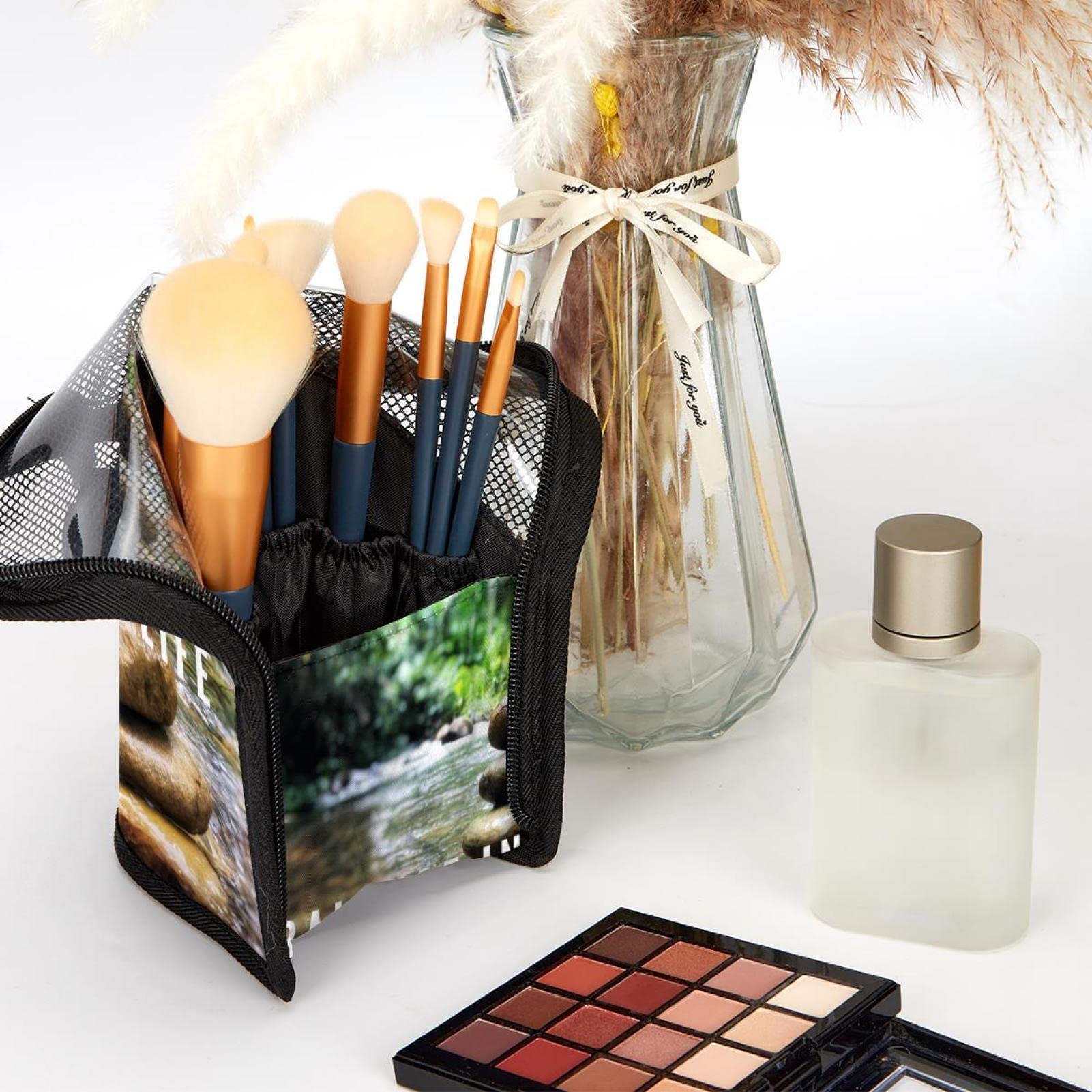 12-Piece Makeup Brush Organizer Bag with Motivational Quote - Portable Travel Cosmetic Brush Holder Case for Professional Makeup Artists & Beauty Enthusiasts - Perfect for Home, Salon, and On-the-Go Use