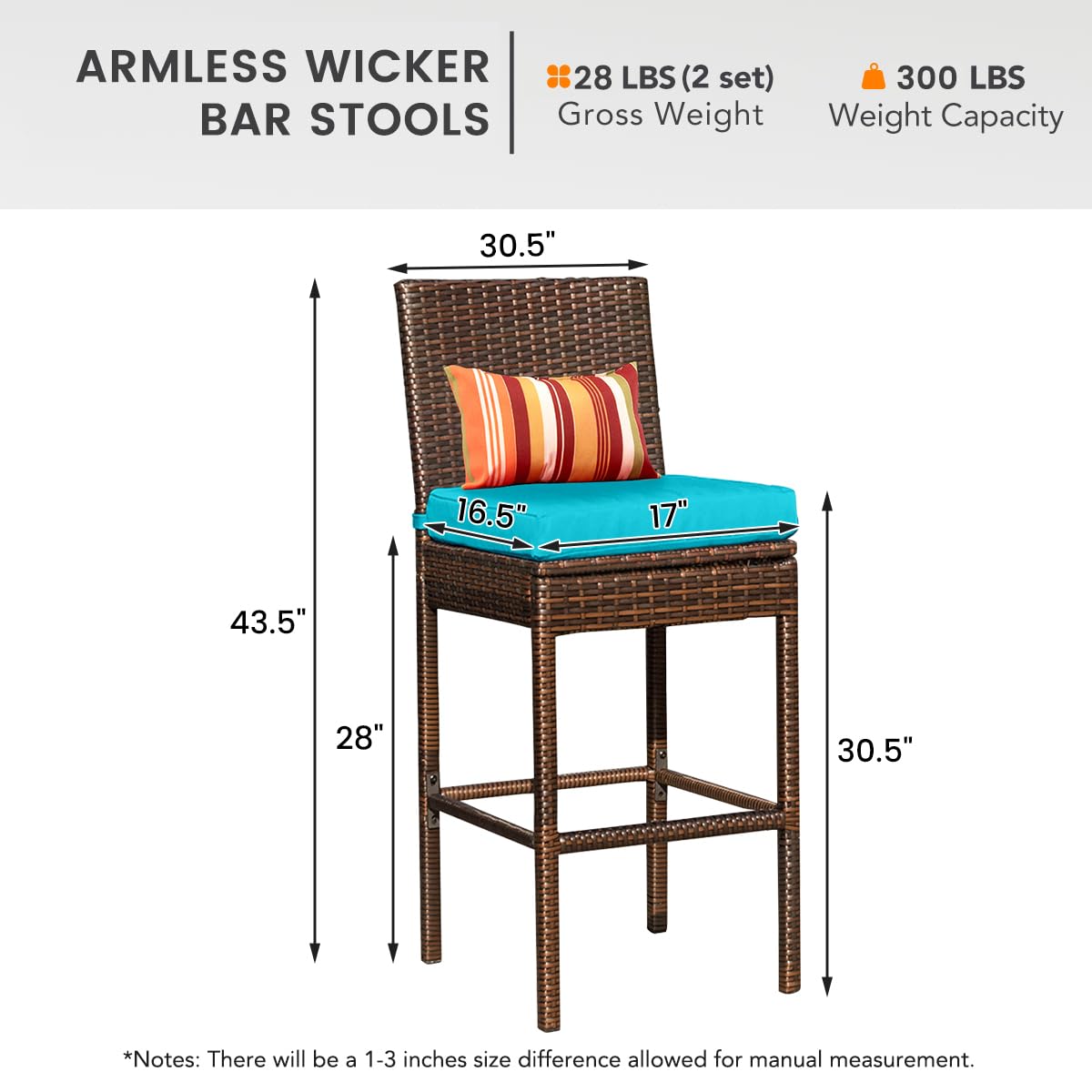 Sundale Outdoor Wicker Bar Stool Set of 4 - 30 Inch Counter Height Patio Stools with Backrest, Rattan Woven Tall Chairs with Blue Cushions & Pillows - Steel Frame, Brown - Perfect for Backyard, Poolside, and Outdoor Dining Areas