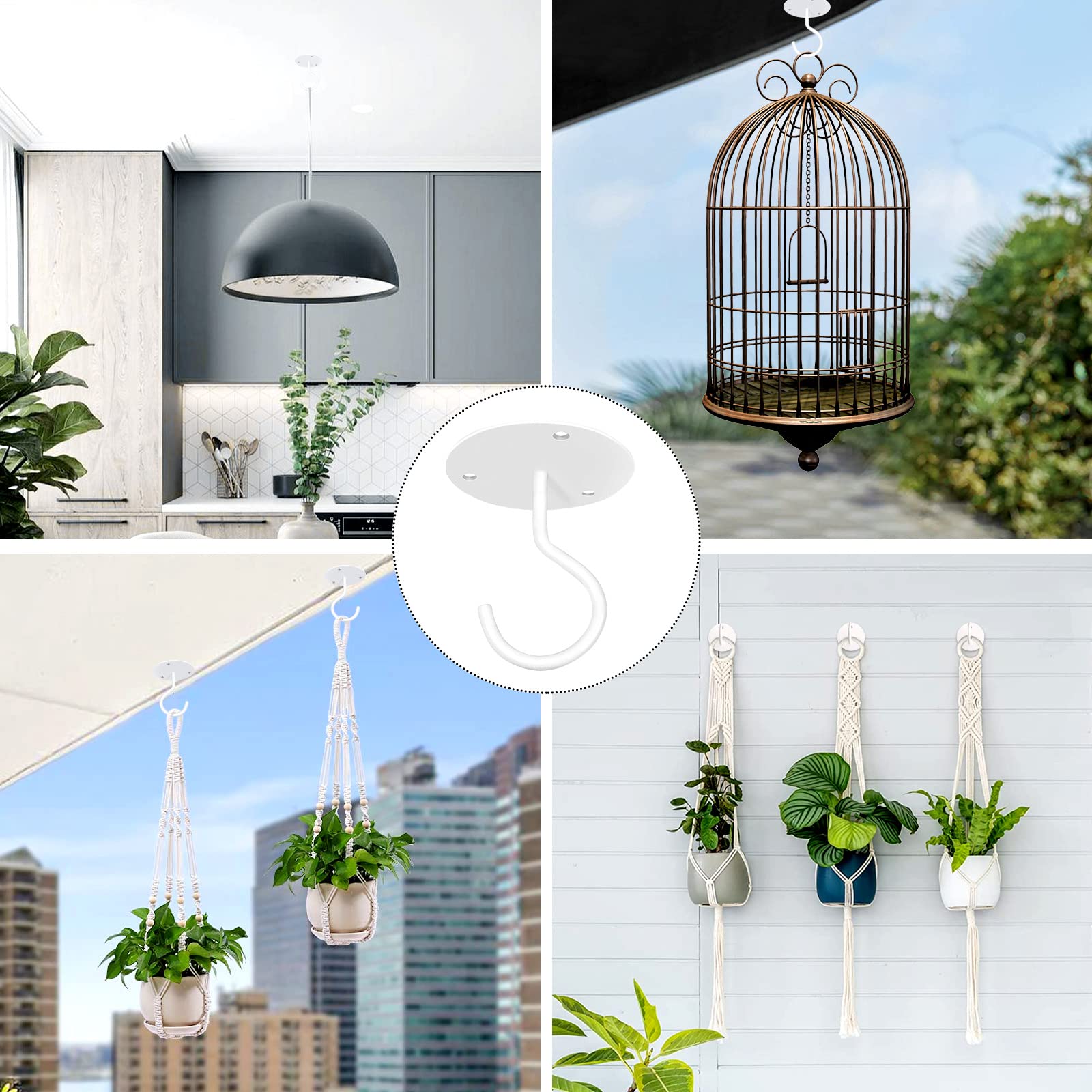Heavy Duty Metal Ceiling Hooks for Hanging Plants - 3 Pack White Wall Mount Hangers for Bird Feeders, Wind Chimes, Lanterns & Planters - Perfect for Outdoor Garden, Patio & Balcony Decoration