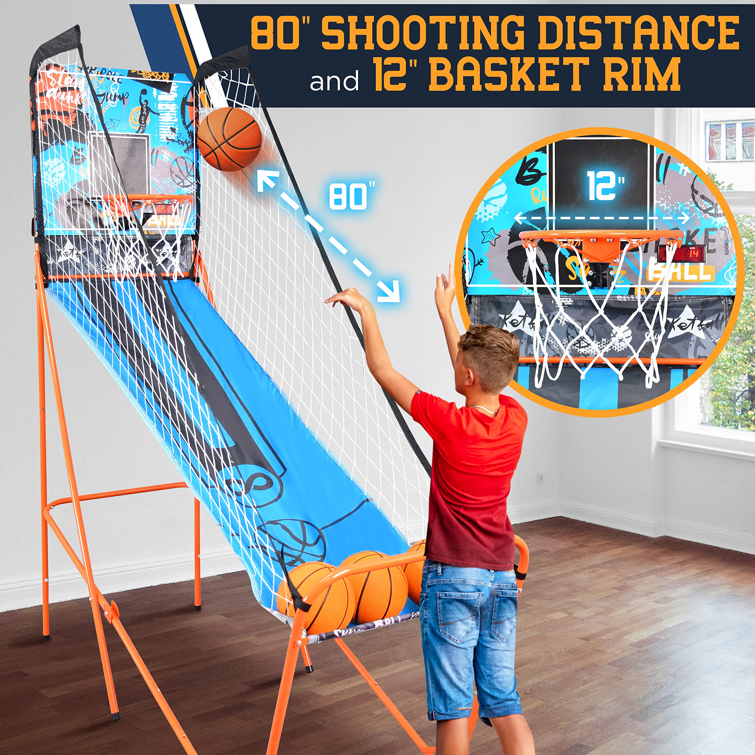 SereneLife Single Shot Basketball Arcade Game with LED Digital Scoreboard & Timer - Includes 3 Basketballs & Air Pump - Foldable Compact Design for Kids & Adults - Perfect for Indoor Playrooms, Game Rooms, and Family Fun Nights