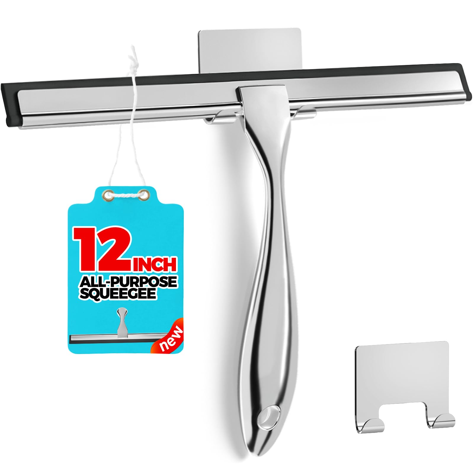 12-Inch Stainless Steel Shower Squeegee for Bathroom, Windows & Cars - Heavy Duty All-Purpose Scraper for Shower Doors, Tile Walls, Glass, Mirrors & Kitchen - Perfect for Streak-Free Cleaning & Water Spot Removal