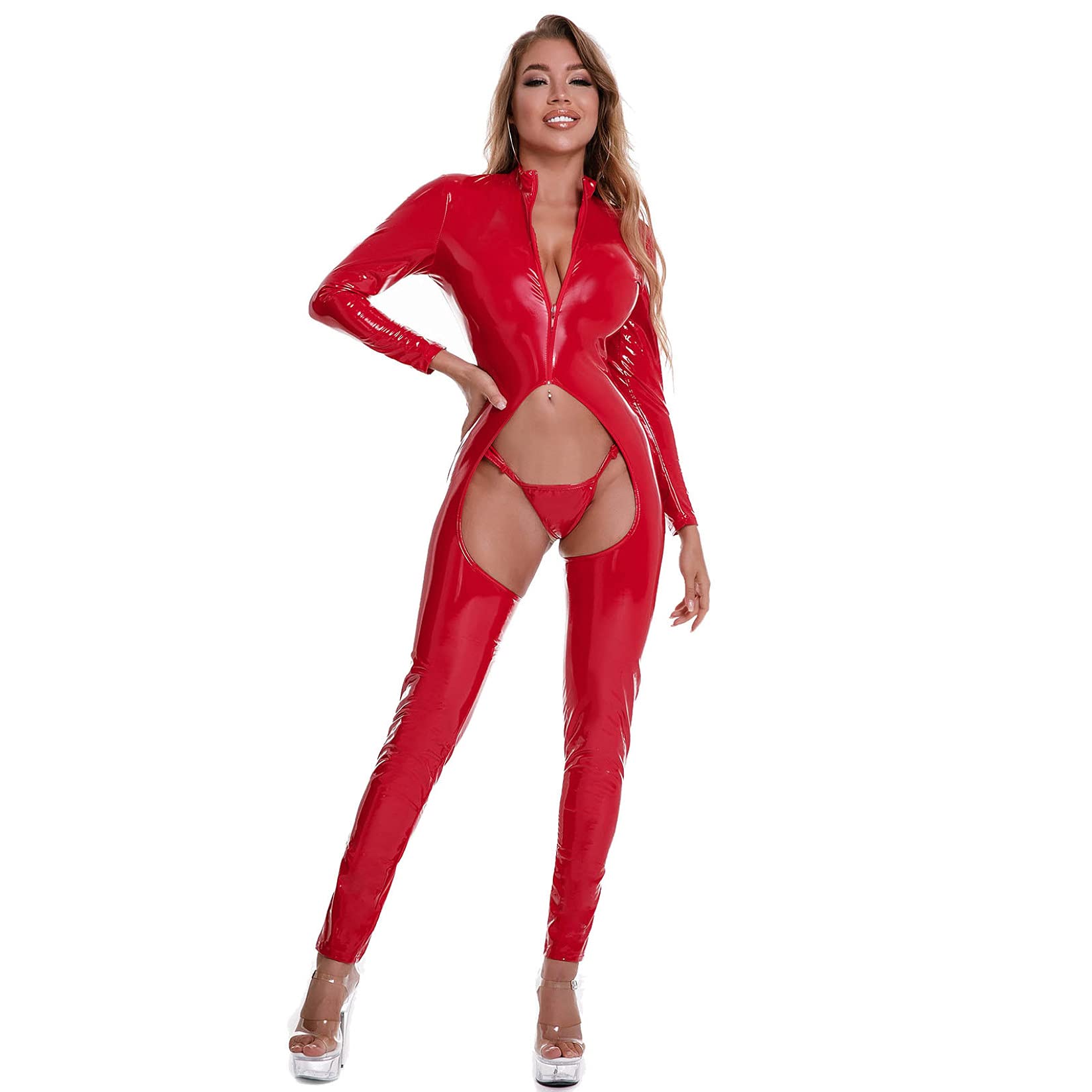 Lejafay Women's Metallic Catsuit Bodysuit - Sexy Latex Jumpsuit for Cosplay, Halloween & Crime Fighter Costume | Wet Look Fancy Dress for Parties & Nightclubs