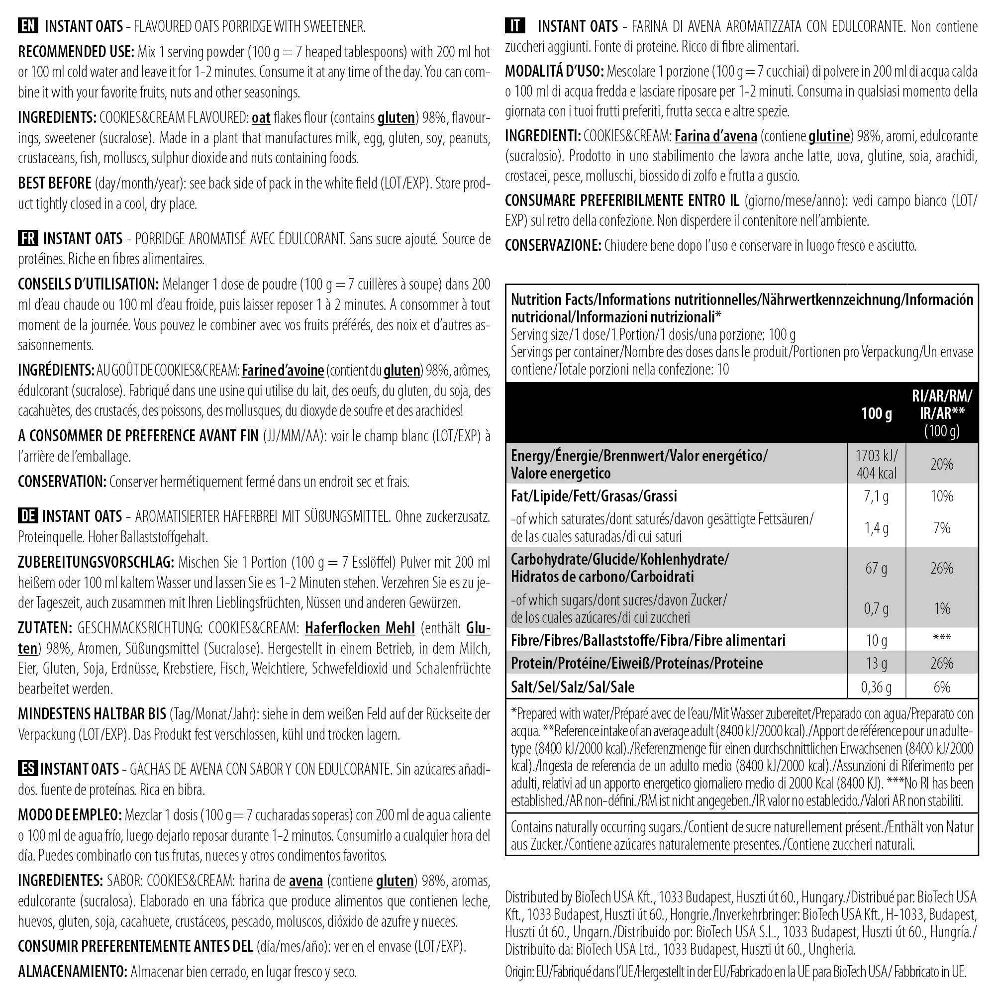 BioTechUSA Instant Oats Cookies & Cream Protein Powder - 1000g for Muscle Recovery & Weight Management - Perfect for Post-Workout Shakes & Healthy Breakfast