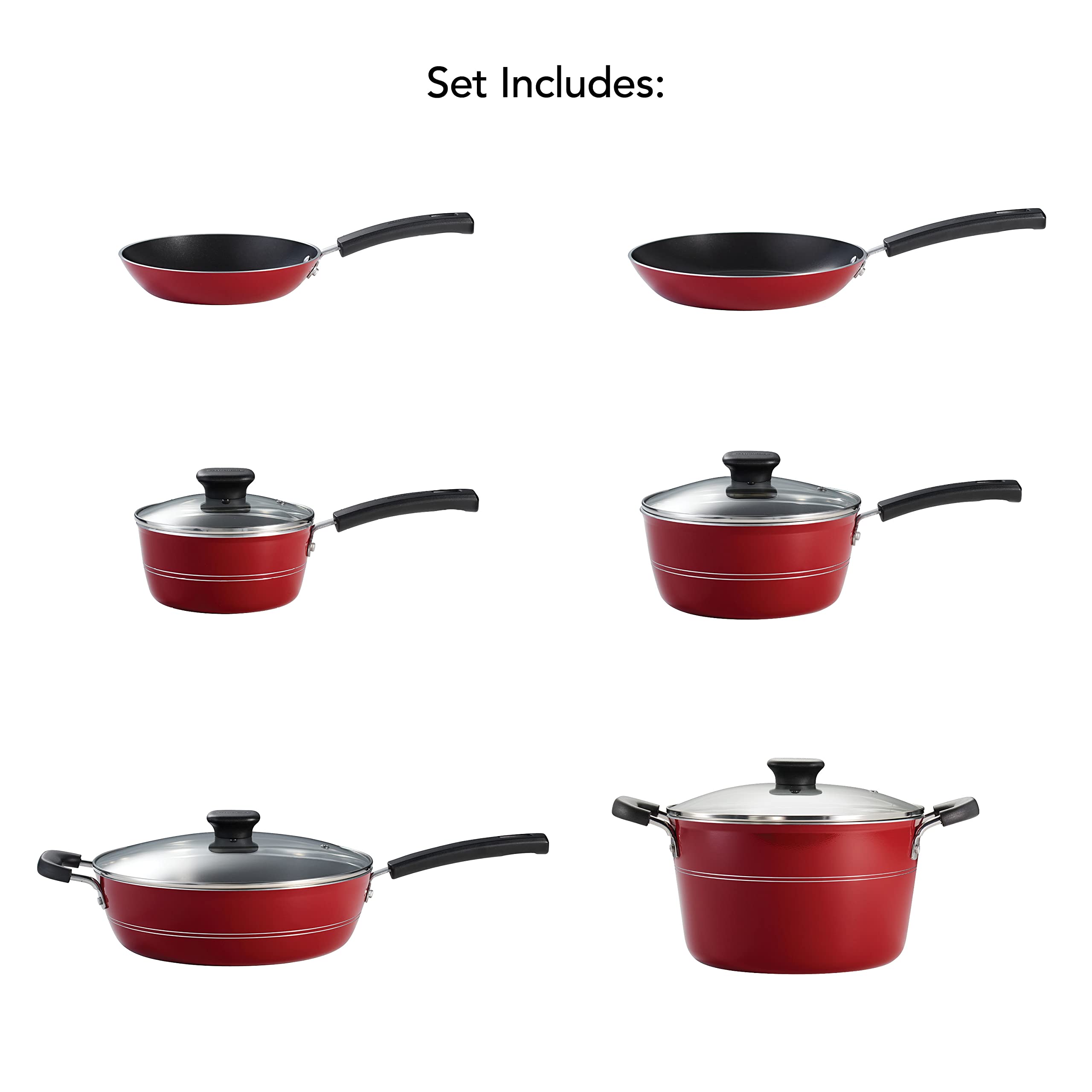Tramontina Sicilia 10-Piece Nonstick Cookware Set with Glass Lids - Aluminum Pots and Pans Kitchen Set (Raspberry) - Perfect for Sauteing, Frying & Everyday Cooking